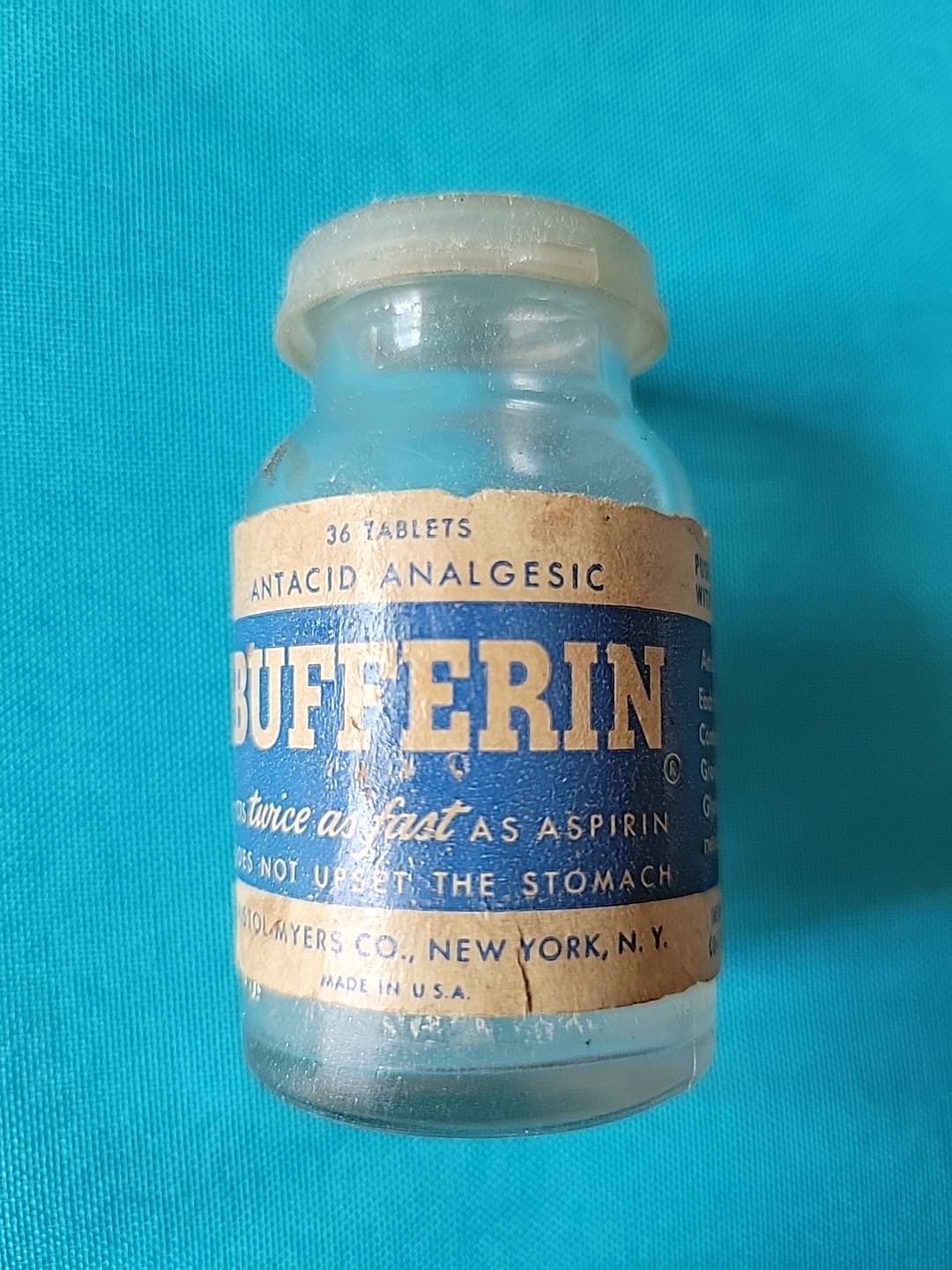Vintage Bufferin Glass Bottle Empty Container~36 Tablets~Paper Label~Pain Relief