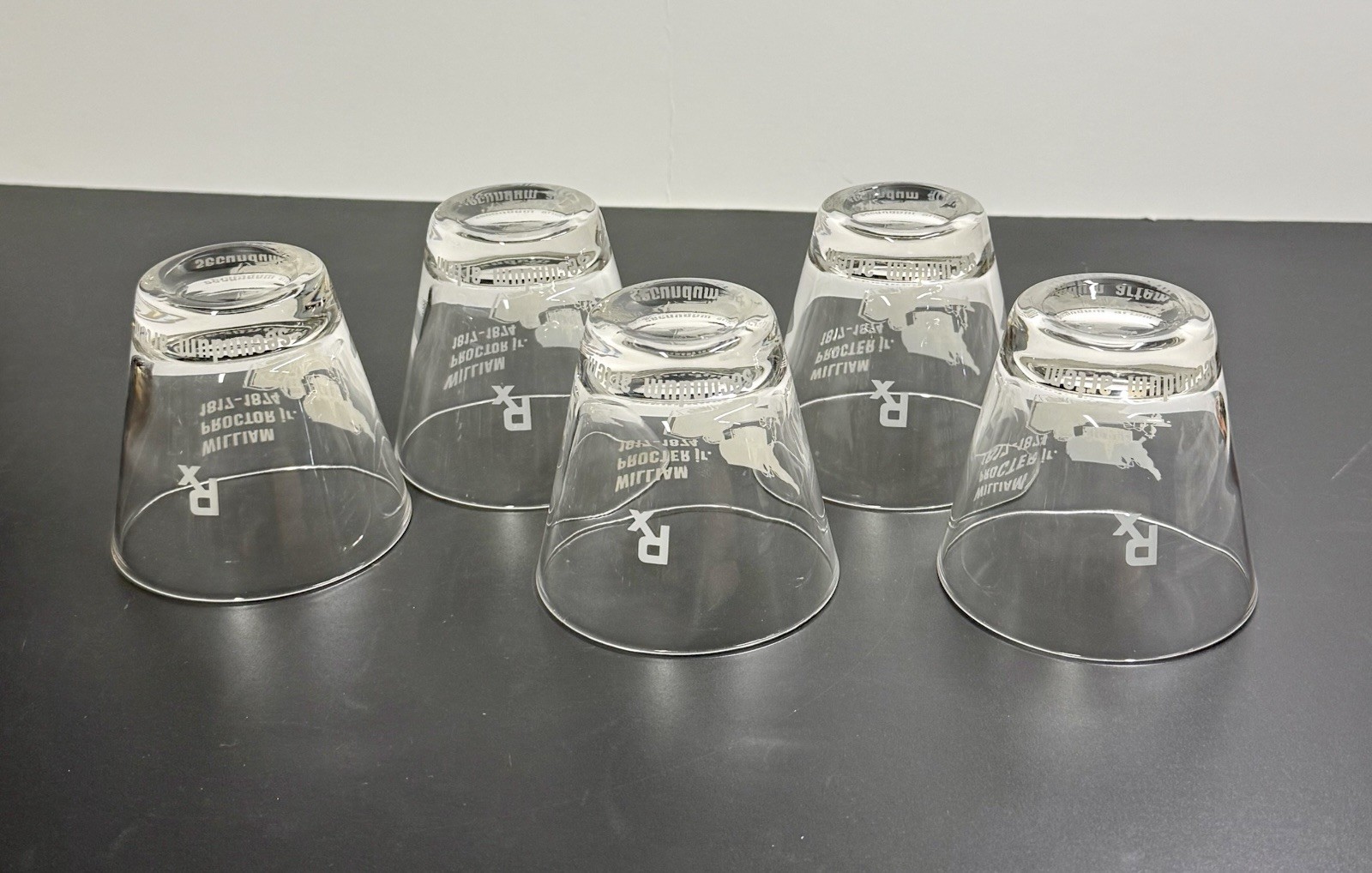 Set Of 5 Vtg William Proctor Jr RX Pharmacist Secundum Artem 6oz Etched Glass