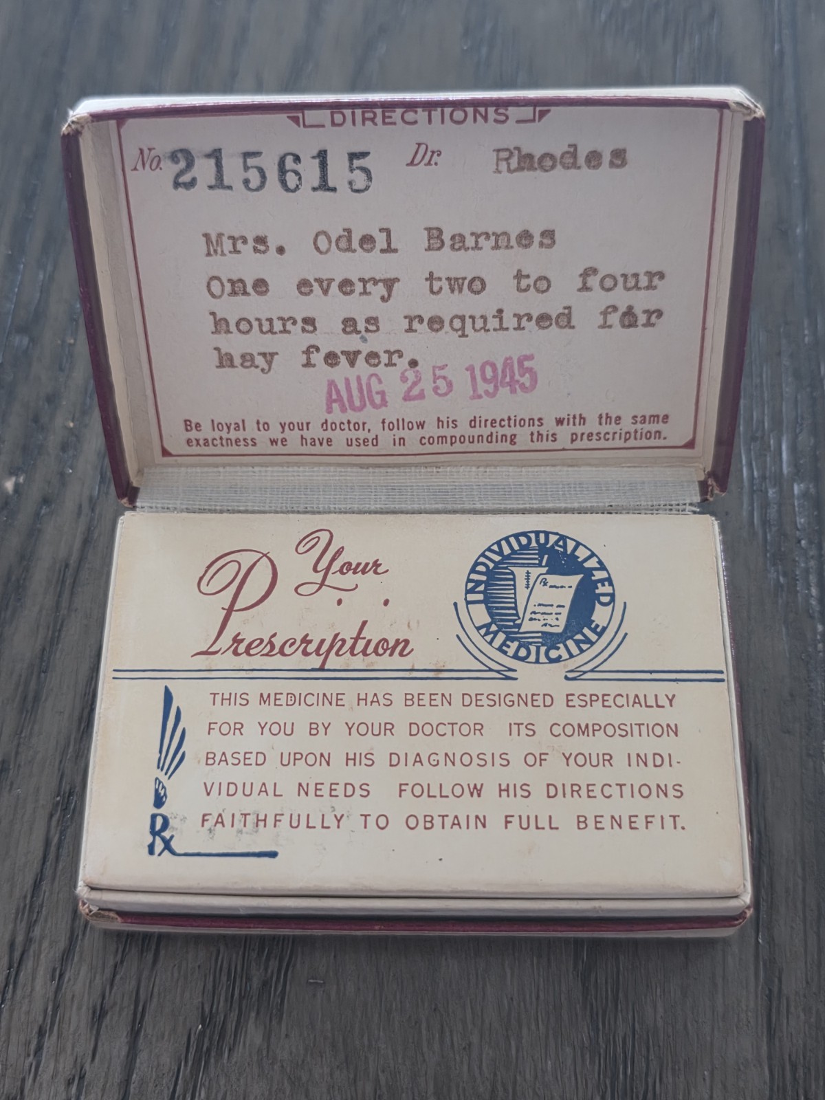 Vintage Rare 1945 Prescription Pill Box Medical Arts Pharmacy Abilene Texas TX