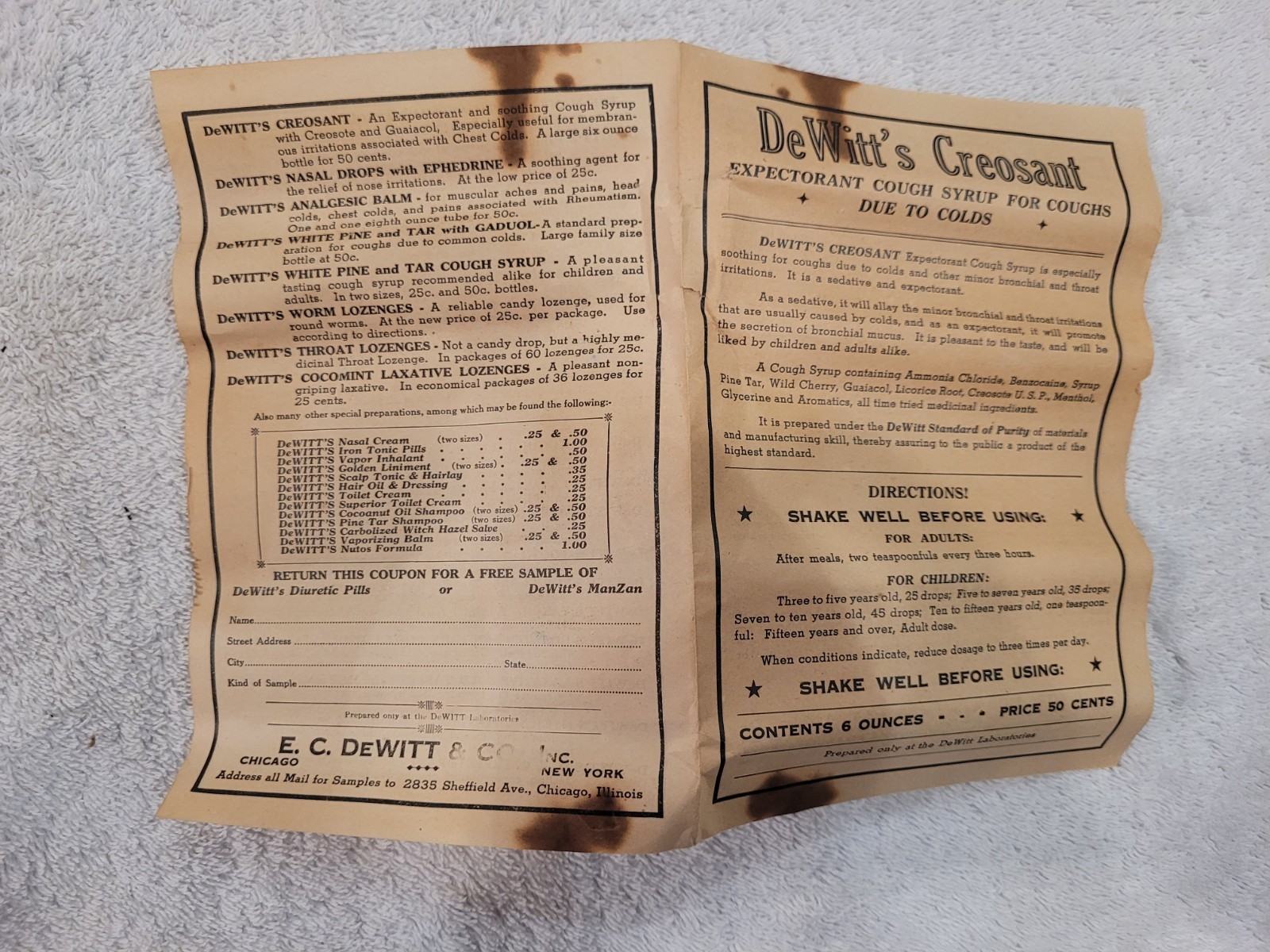 Vintage DeWitt’s Creosant Cough Syrup Bottle w/ Box Insert Paperwork Pharmacy Ad