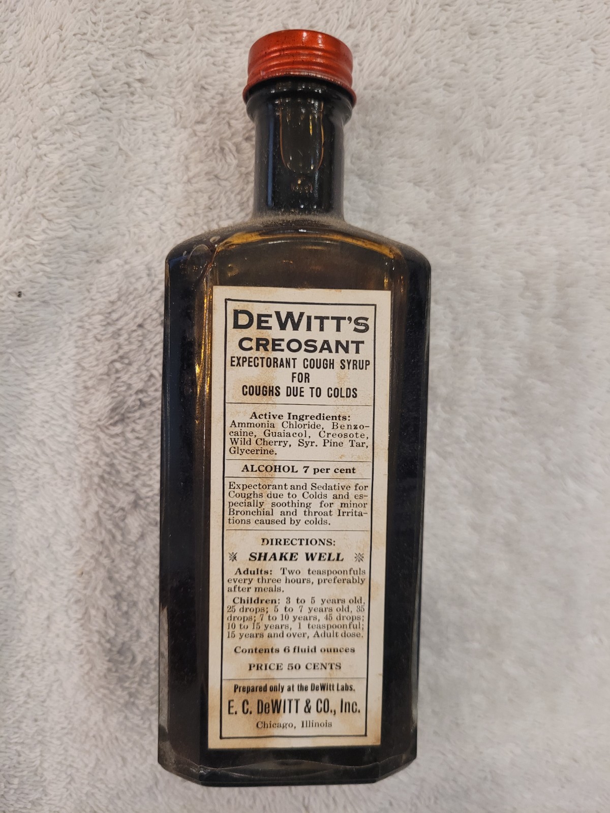 Vintage DeWitt’s Creosant Cough Syrup Bottle w/ Box Insert Paperwork Pharmacy Ad
