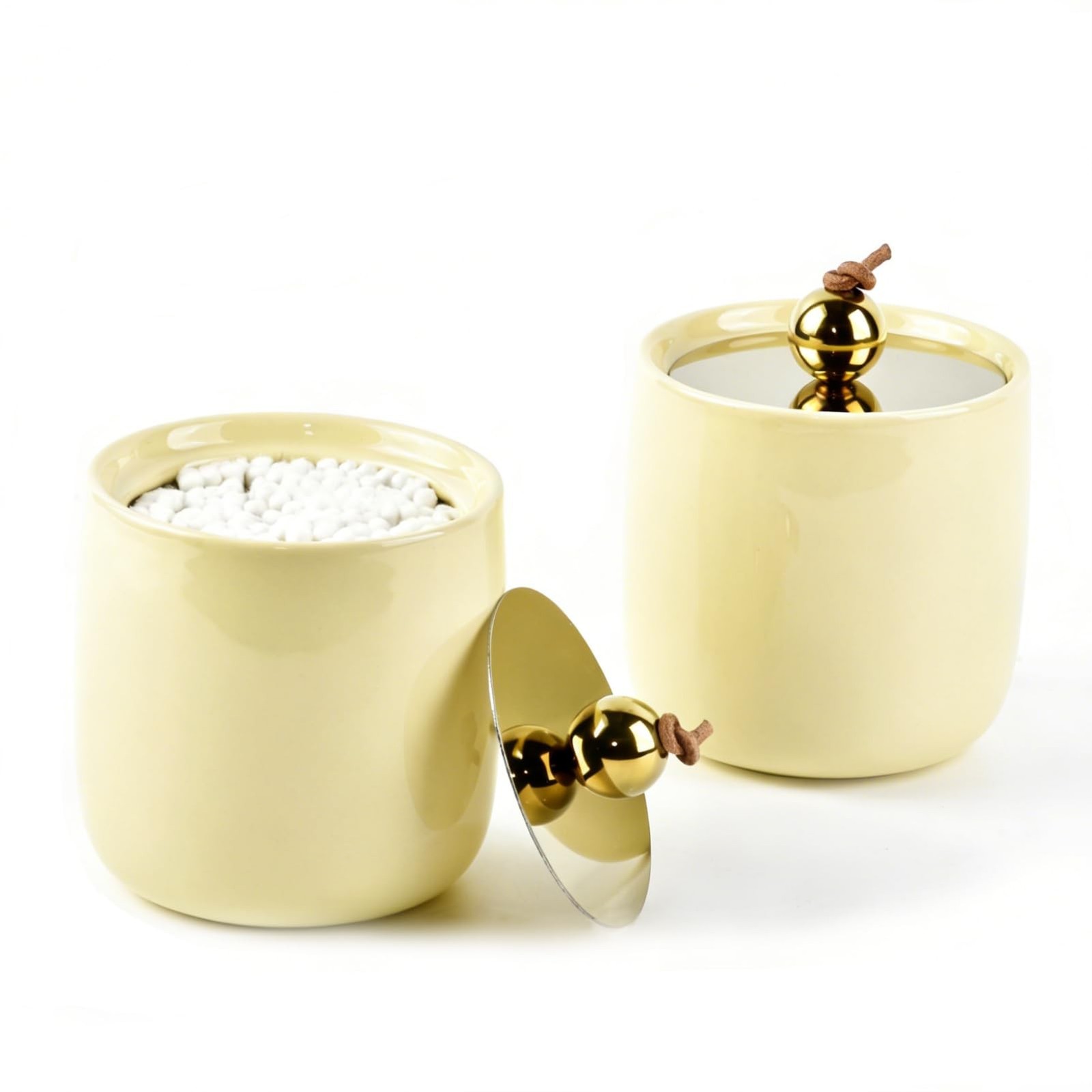Ceramic Qtip Holder Dispenser with Gold Lids 2 Pack, Yellow Apothecary Jars B…