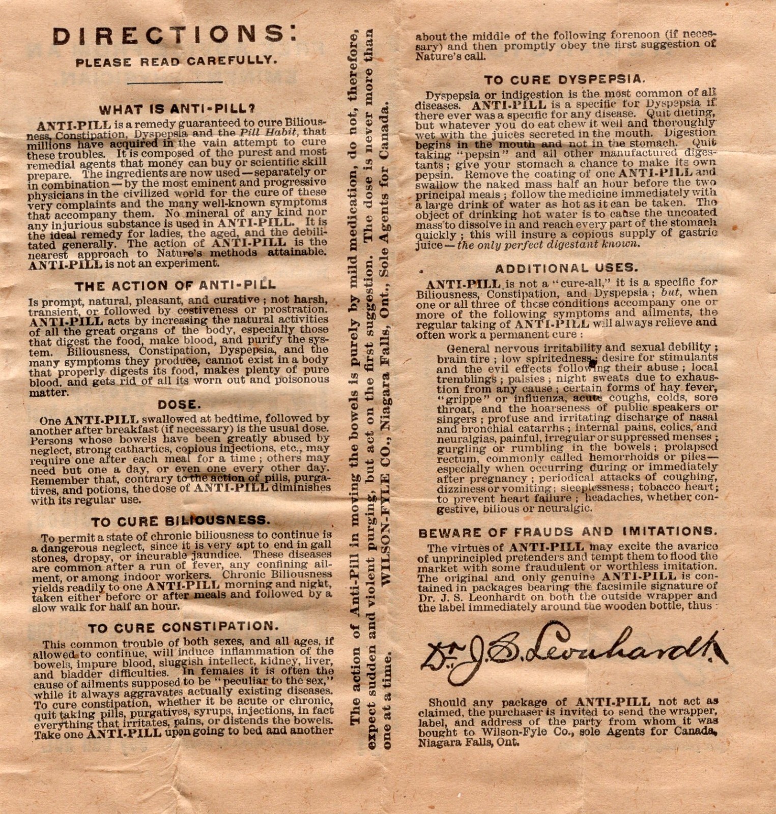 Dr. J.S. Leonhardt ‘s Anti-Pill Directions & Advice – Vintage-Wilson-Fyle-Canada
