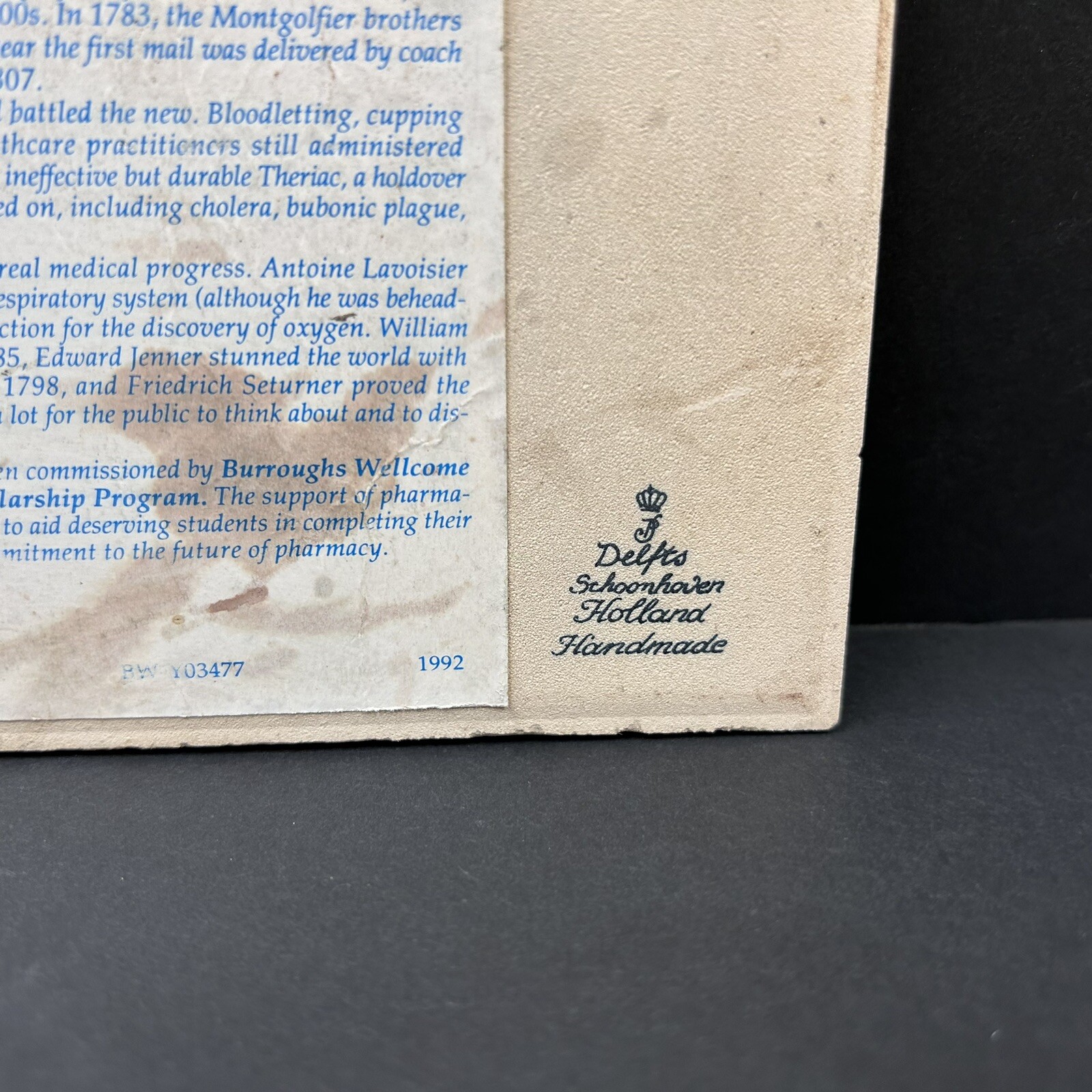Vintage Blue Delfts Tile Burroughs Wellcome Co Pharmacy Scholarship Program