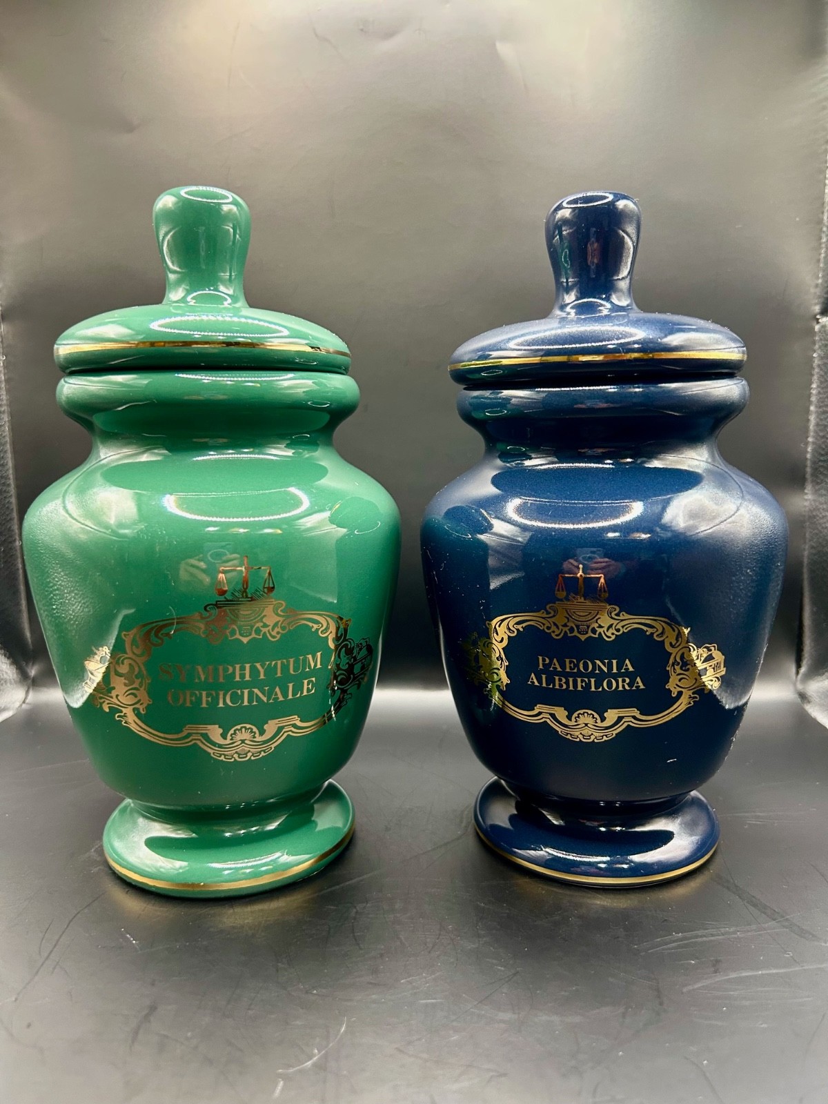 Vintage Apothecary Canister Jars Homeopathic gold trim 9″ ceramic