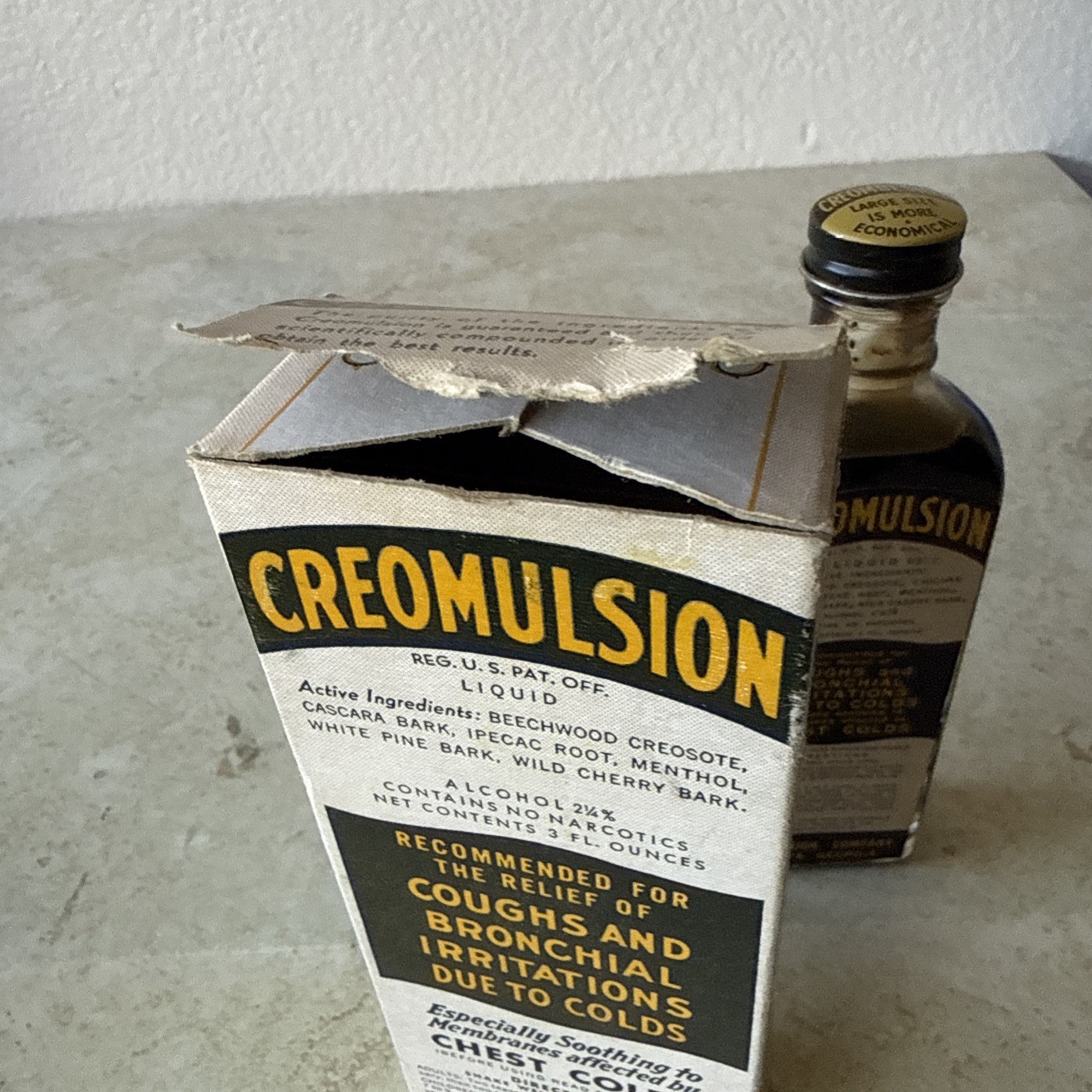 Vintage Creomulsion Coughs Bronchial Atlanta Ga 7 3/4 ” Medicine bottle Box