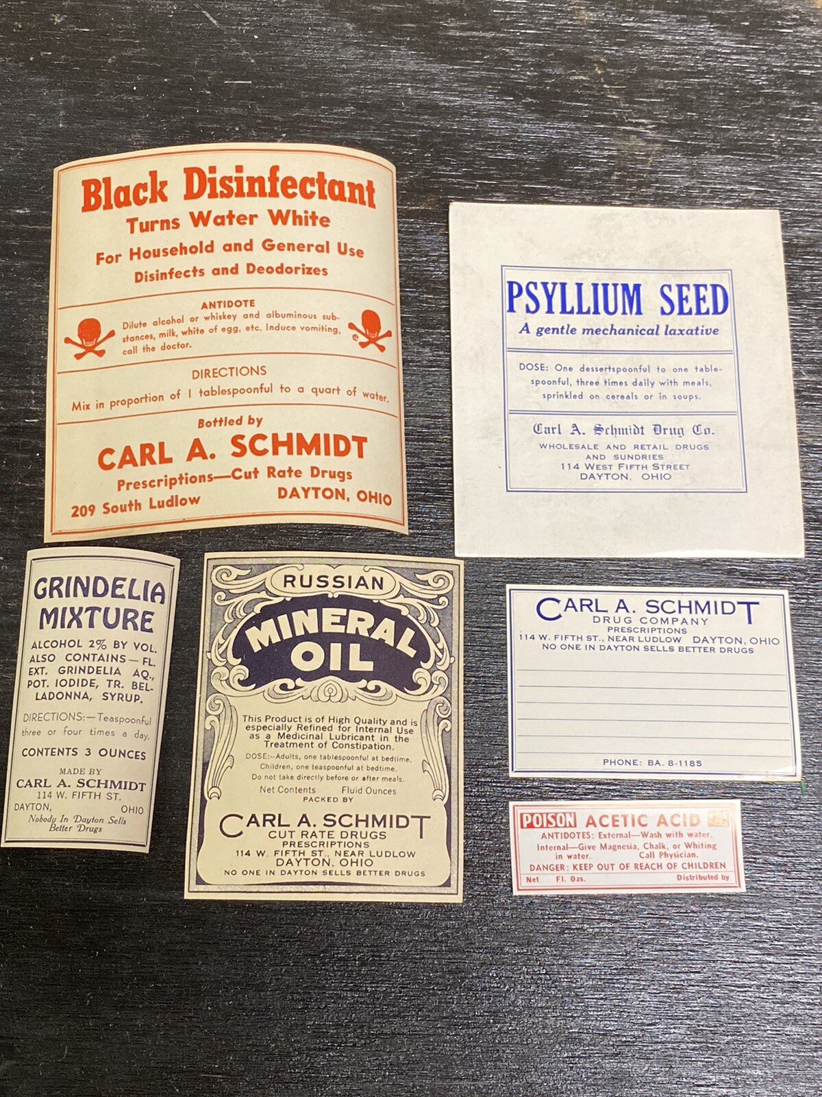 Vintage CARL SCHMIDT DRUG STORE DAYTON OHIO Medicine Bottle Labels Lot of 6