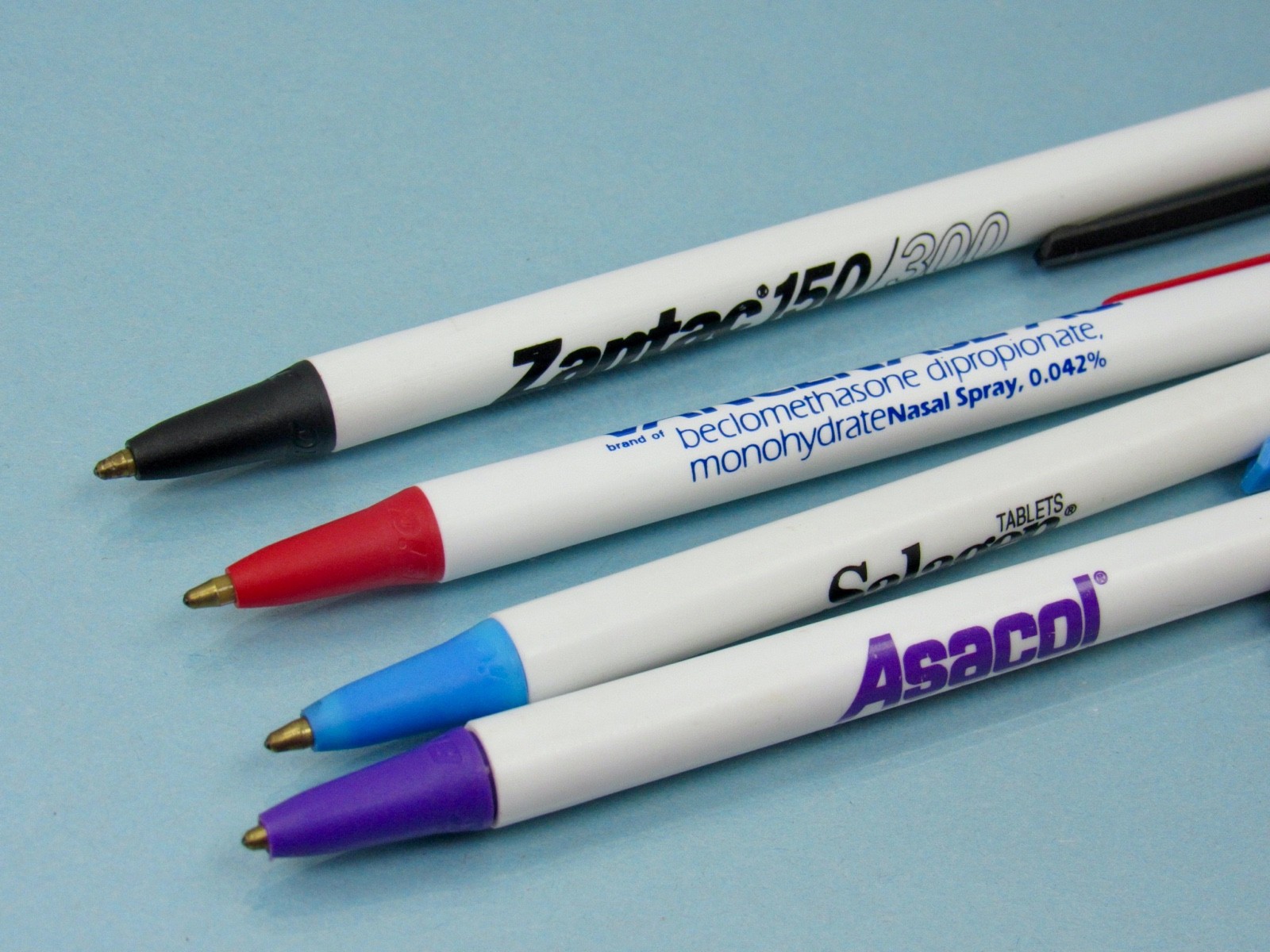 Lot of 4 BIC PENS Drug Rep Pharmaceutical Promo Asacol Salagen Vancenase Zantac