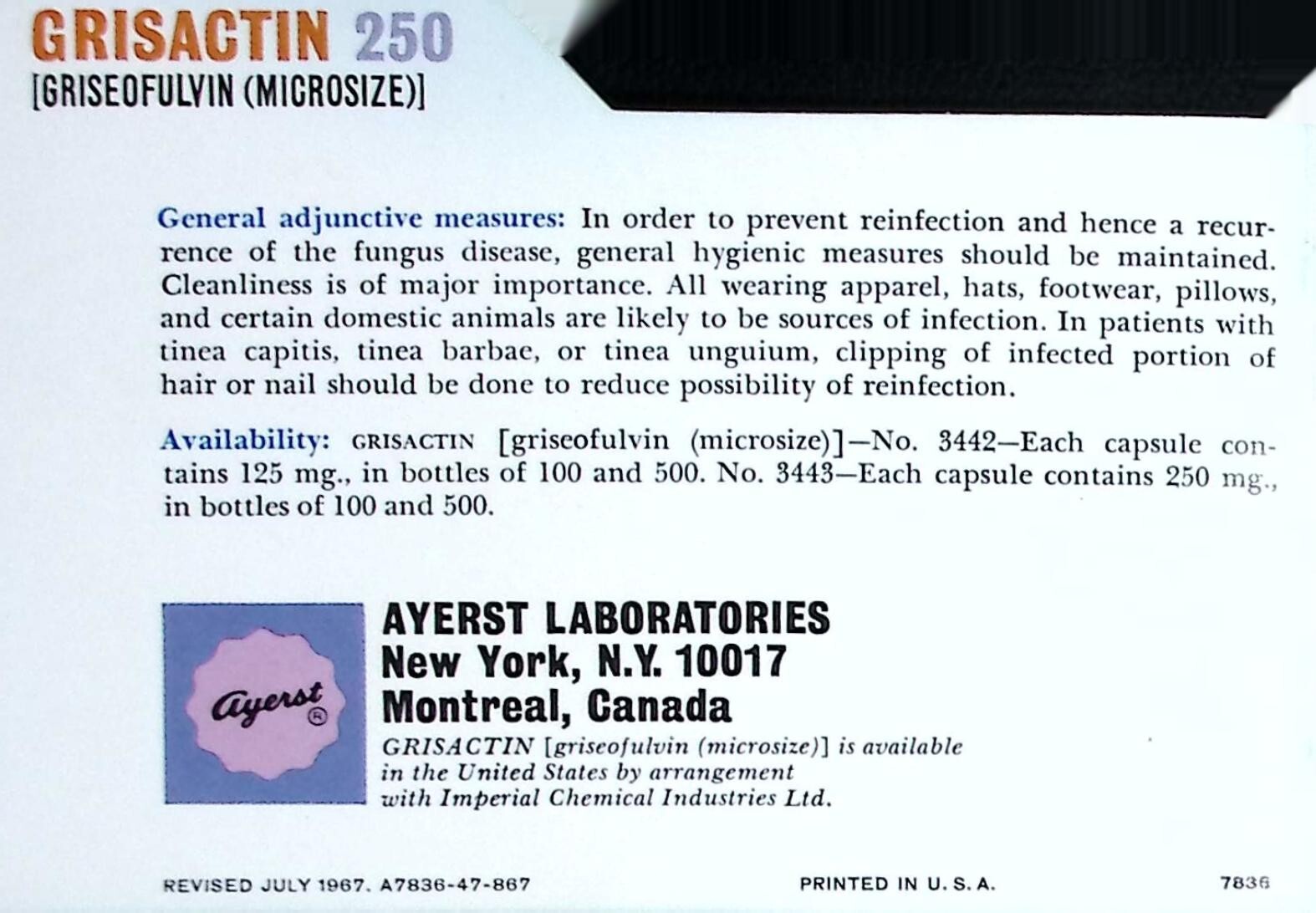 Vintage 1967 Grisactin 250 Medical Advertising Brochure – Ayers Laboratories