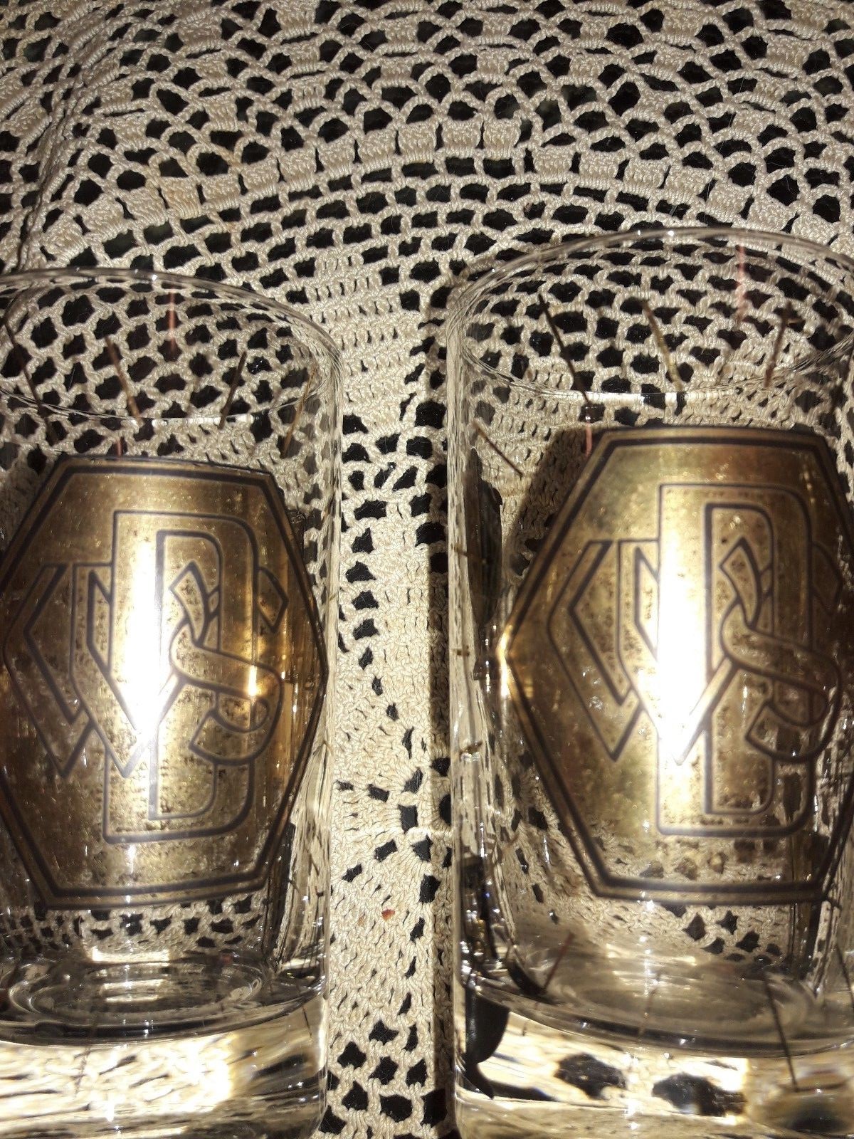 2 Vtg Modern Mid Century Rx Drinking Glasses Gold Plated Pharmacy, Apothecary