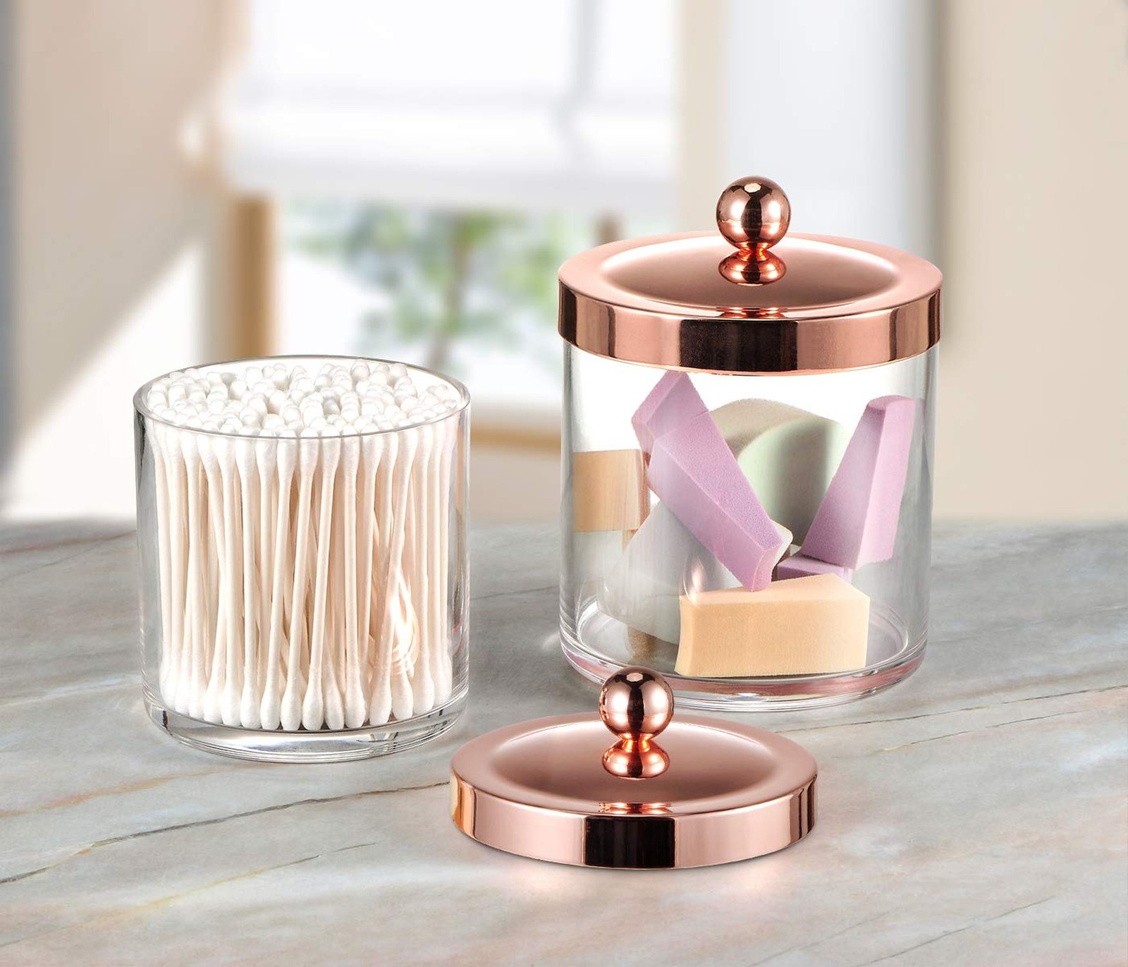 SheeChung 2-Pack Plastic Apothecary Jars with Rose Gold Metal Lids – 25oz & 1…
