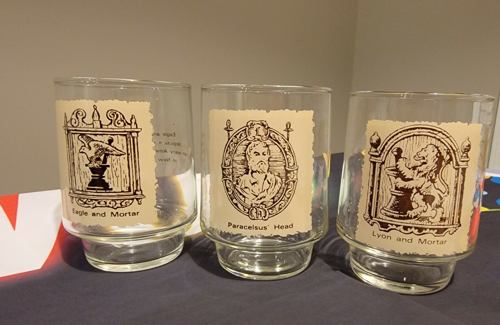 Set of 3 Rare 4″ Glass Tumbler early American Pharmacy sign art