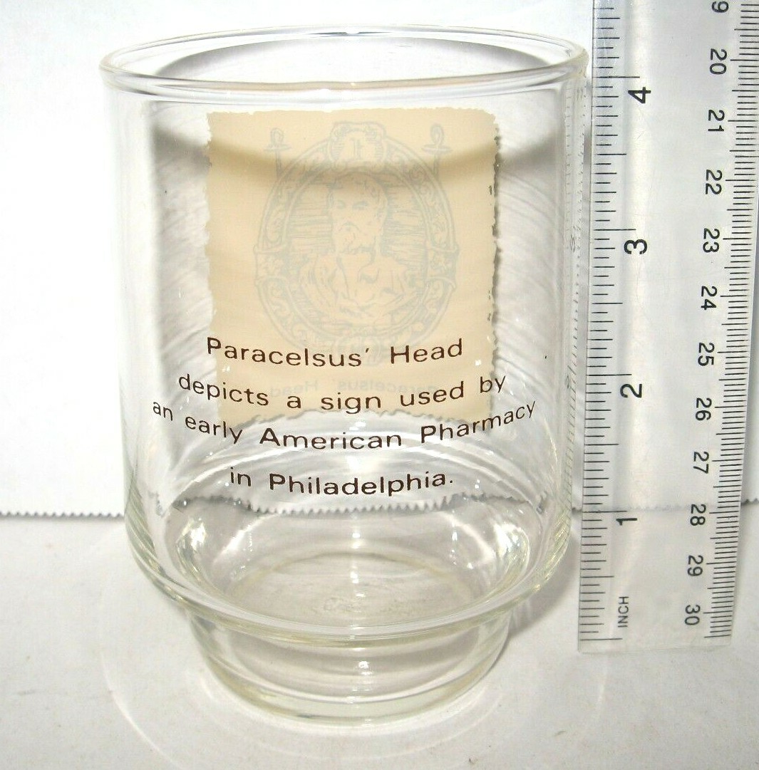 Rare vtg Paracelsus’ Head 4″ Glass Tumbler early American Pharmacy sign art