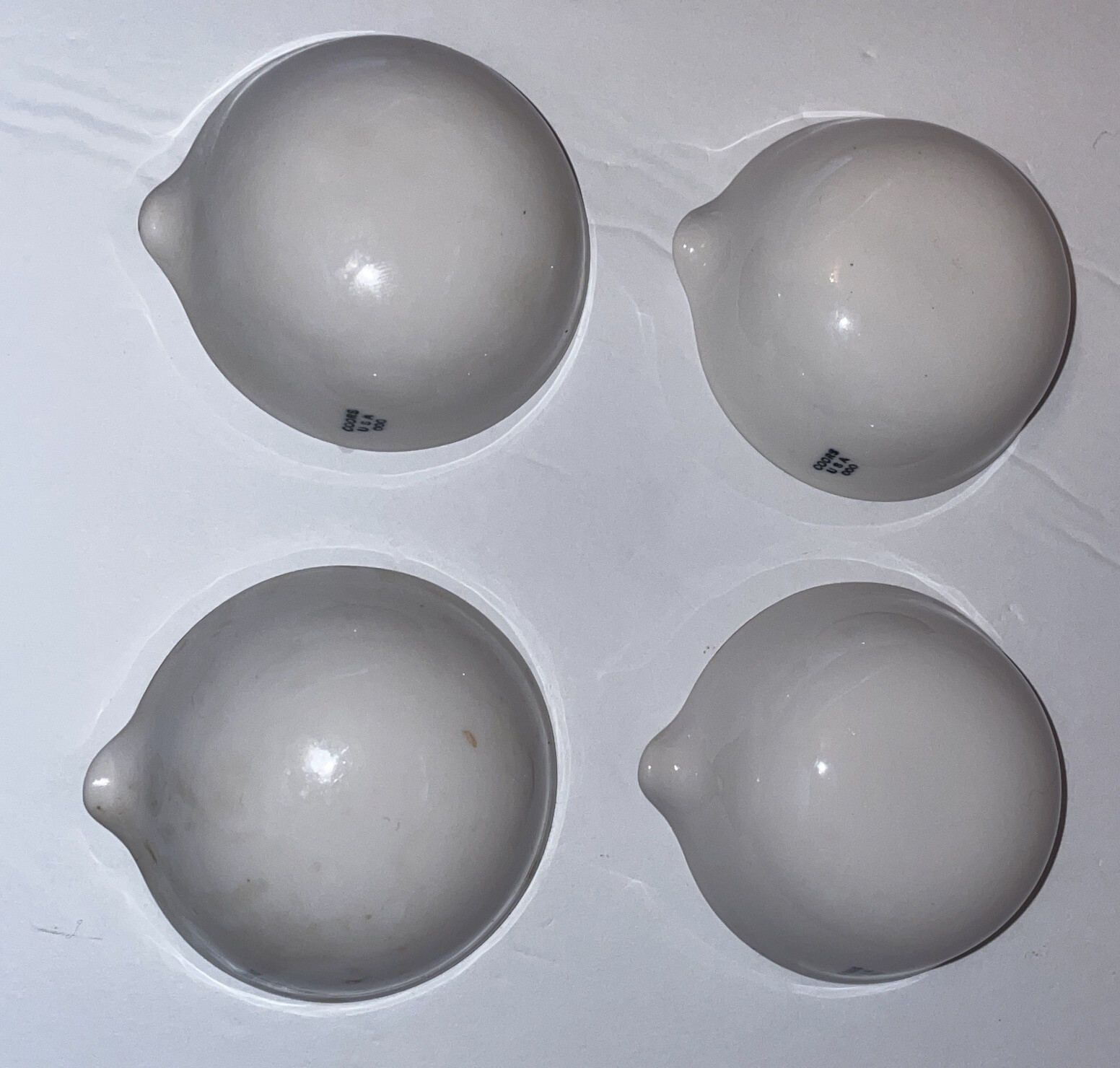 4 Vintage Coors USA White Porcelain Labware Beakers Cups 2-1/2” round with Spout