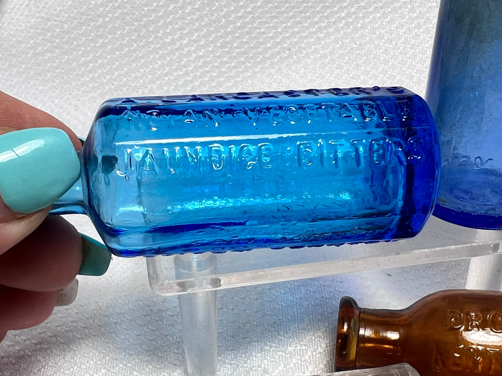 Vtg Blue Brown & Clear Drug Store Pharmaceutical Mini Decorator Lot Of 4 Bottles