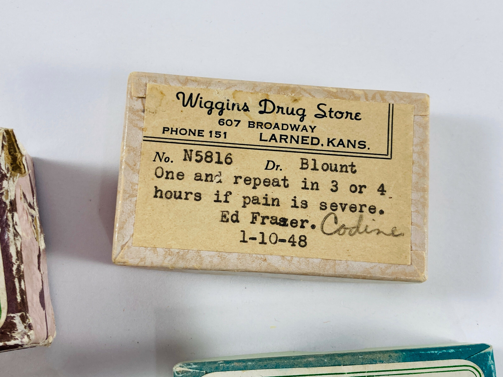 Lot (x4) Wiggins Drug Store 40s 50s Pill Medicine Boxes Codine Larned KS kansas