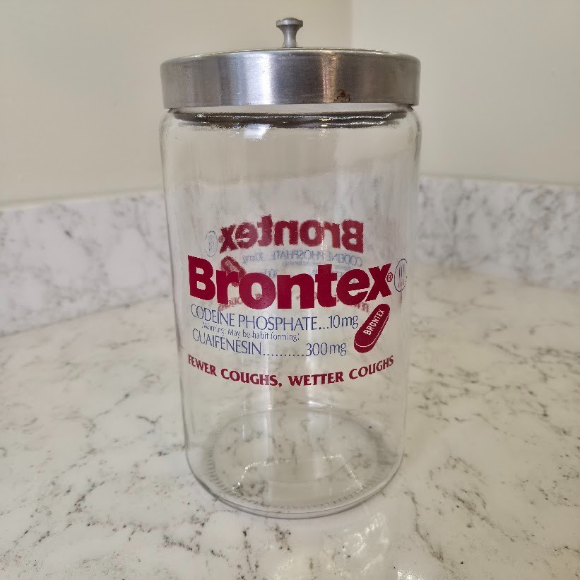Pharmaceutical Advertising Glass Apothecary Jar Drug Rep Brontex Codeine Sched 3
