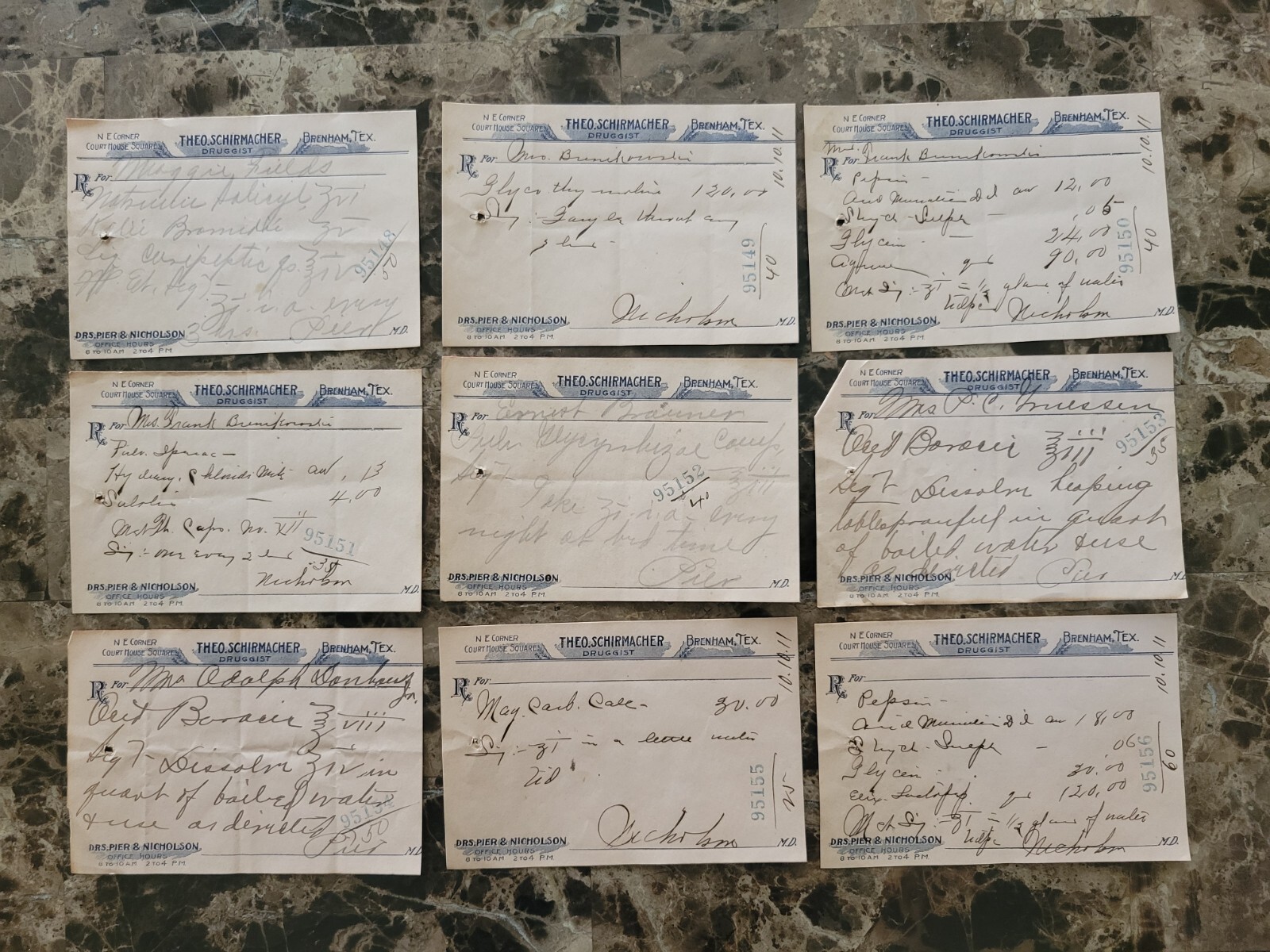 File box & 97 antique prescriptions (1911) – Dionin, Codeine, Infant Anodyne