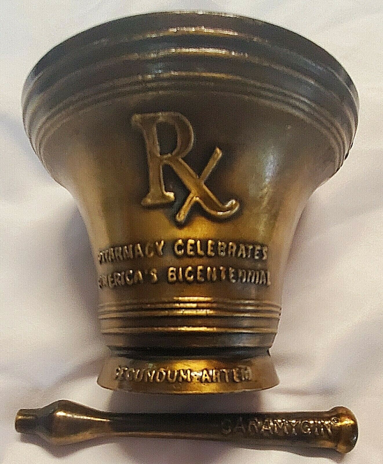 BRASS 1976 RX MORTAR & PESTLE BICENTENNIAL LIBERTY BELL GARAMYCIN ON PESTLE