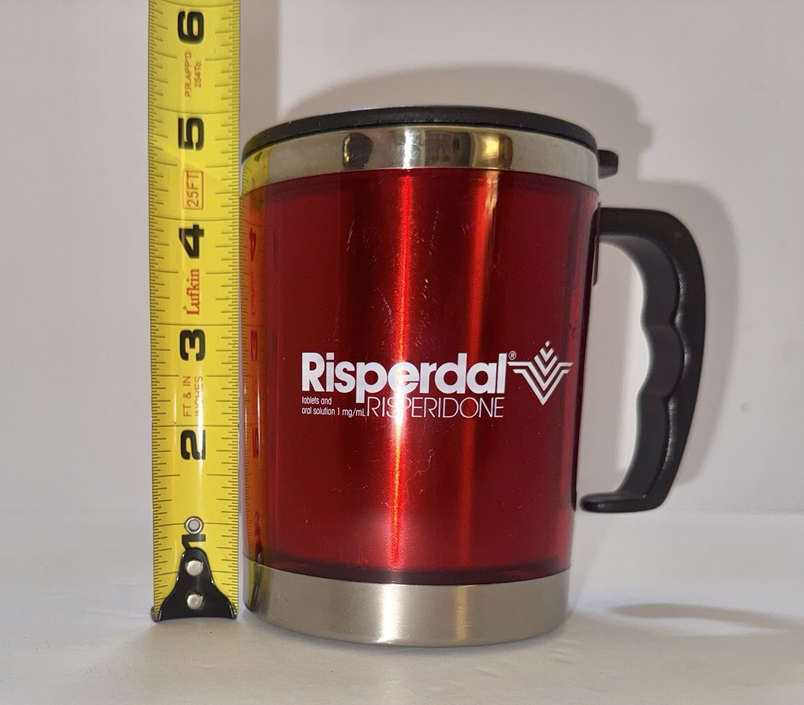 RARE Pharma Drug Rep Red Risperdal Coffee Mug & Lid To Go Cup Plastic & metal