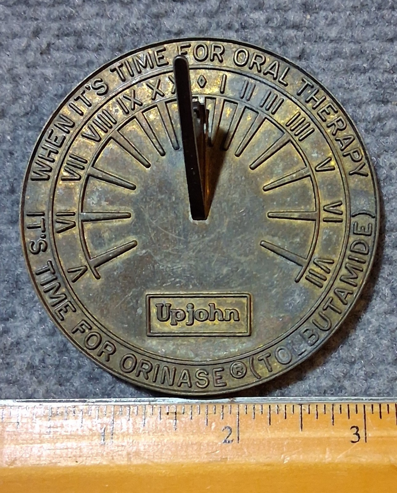 Vintage Upjohn Sundial 1980’s Pharmaceutical Rep Doctor Advertising Brass 3″Cast