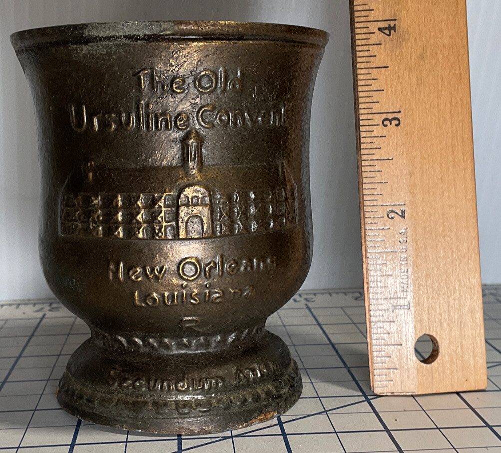 vintage 1986 Schering metal Mortar and Pestle Pharmacopeia New Orleans Ursuline