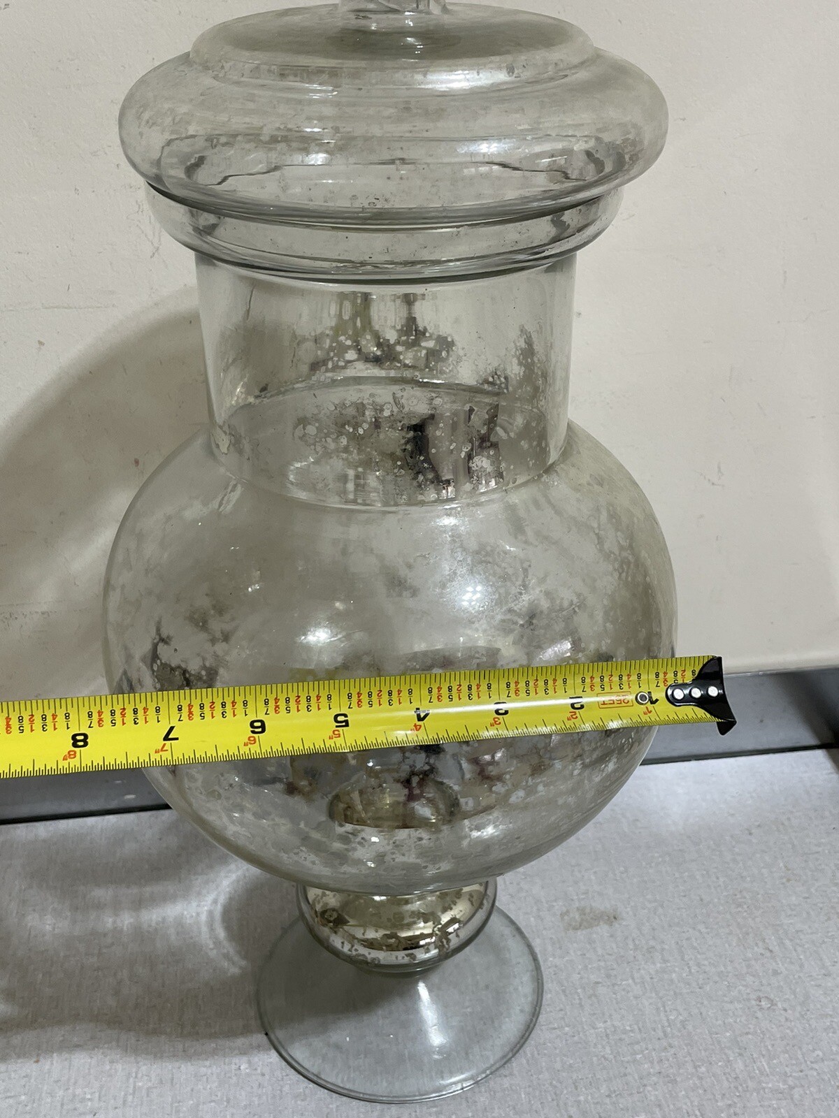 VTG TALL HAND BLOWN GLASS APOTHECARY JAR WITH LID 18”