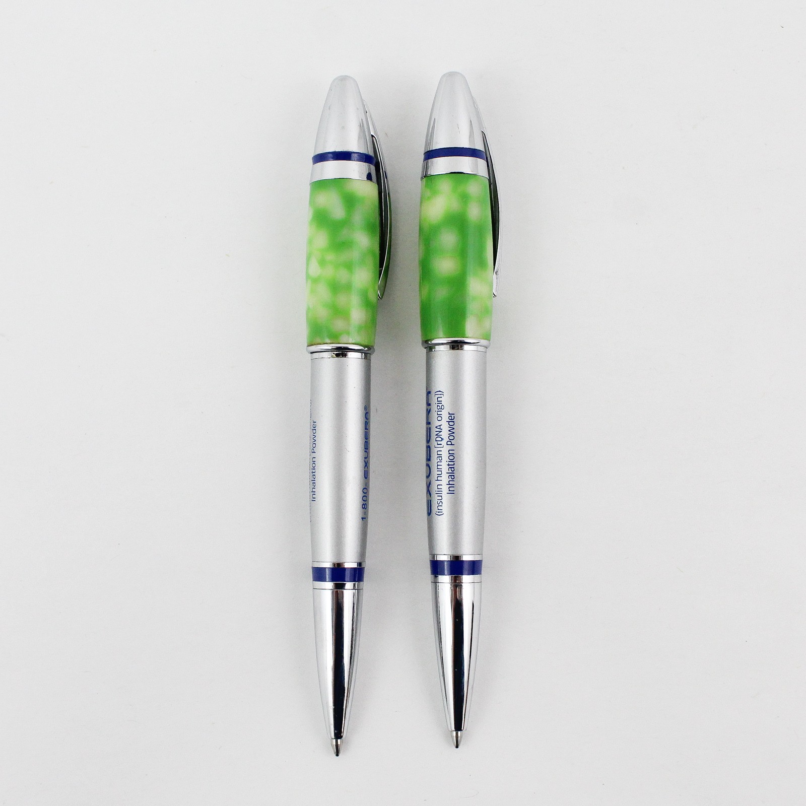 Lot of 2 Exubera Silver and Green Pharmaceutical Rep Pen Advertising