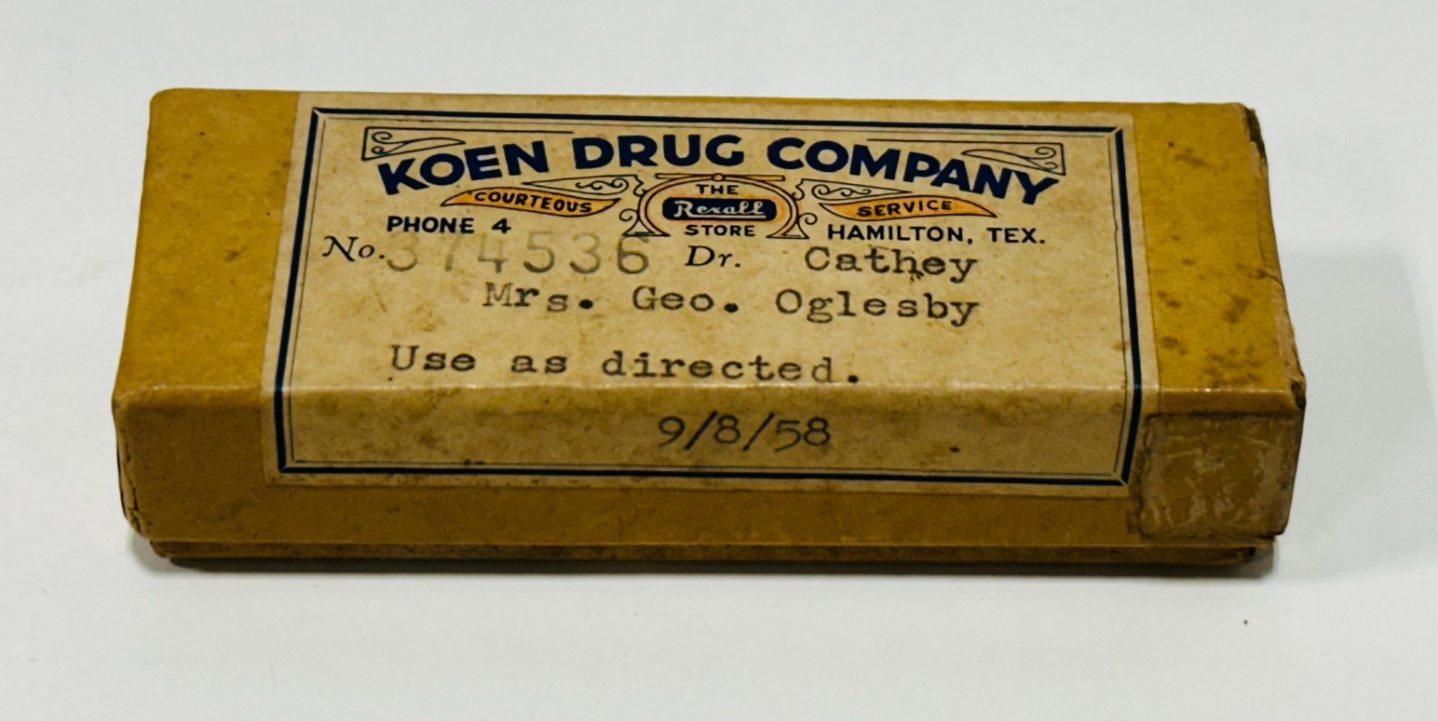 Vintage Rexall Advertising Box Koen Drug Co Hamilton, Tx collectible medicine