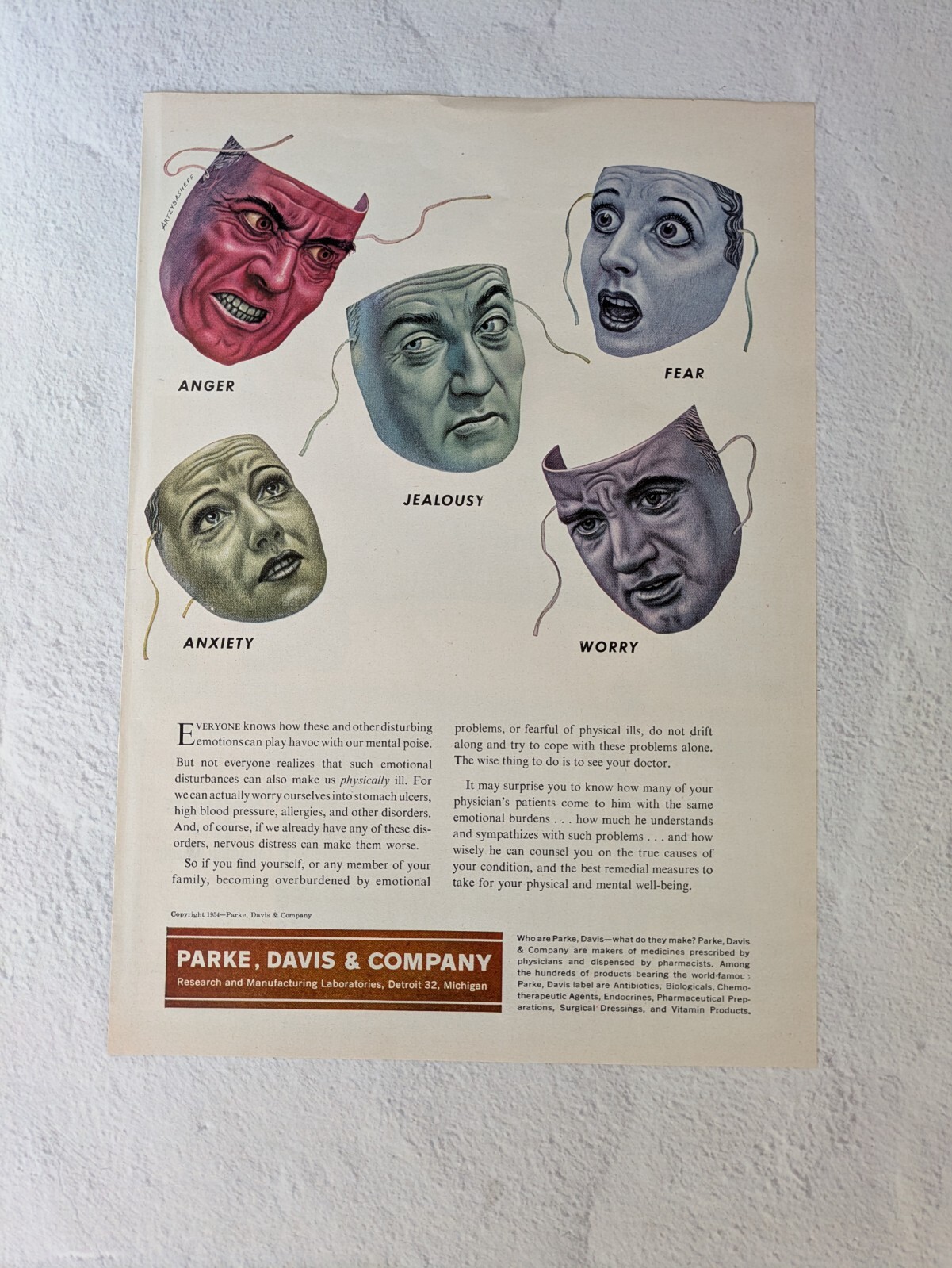 1954 Parke-Davis Disturbing Emotions – art vintage Print Ad Jealousy, Anxiety