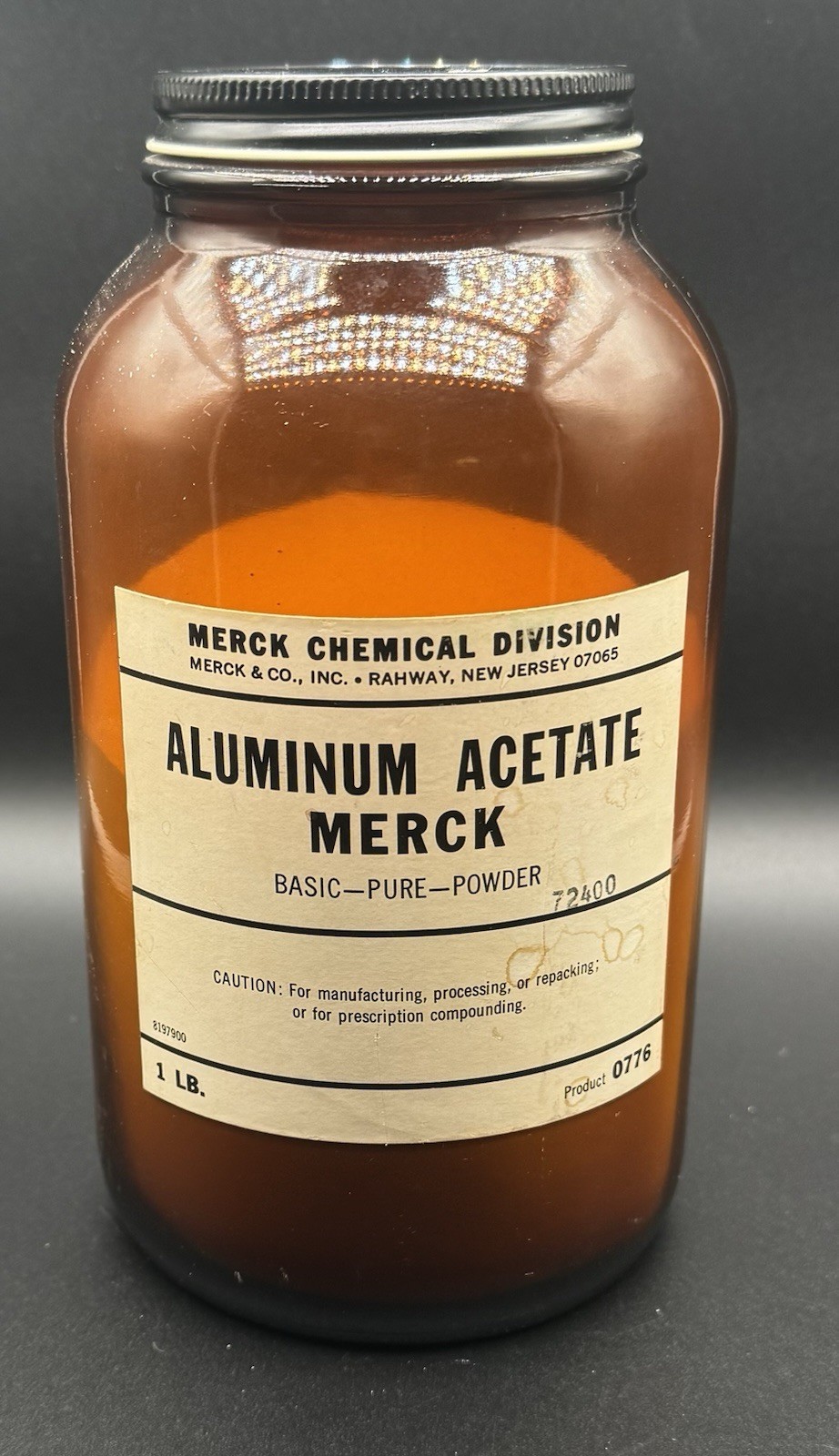 Rare Vtg MERCK Aluminum Acetate Apothecary Medic Amber Glass 7.5”Bottle 1/2 Full