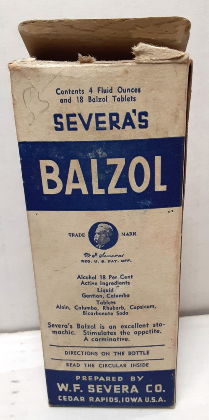 Vintage 1930’s-40’s SEVERA’S BALZOL Stomachic~W.F./Cedar Rapids, IA~18% Alcohol