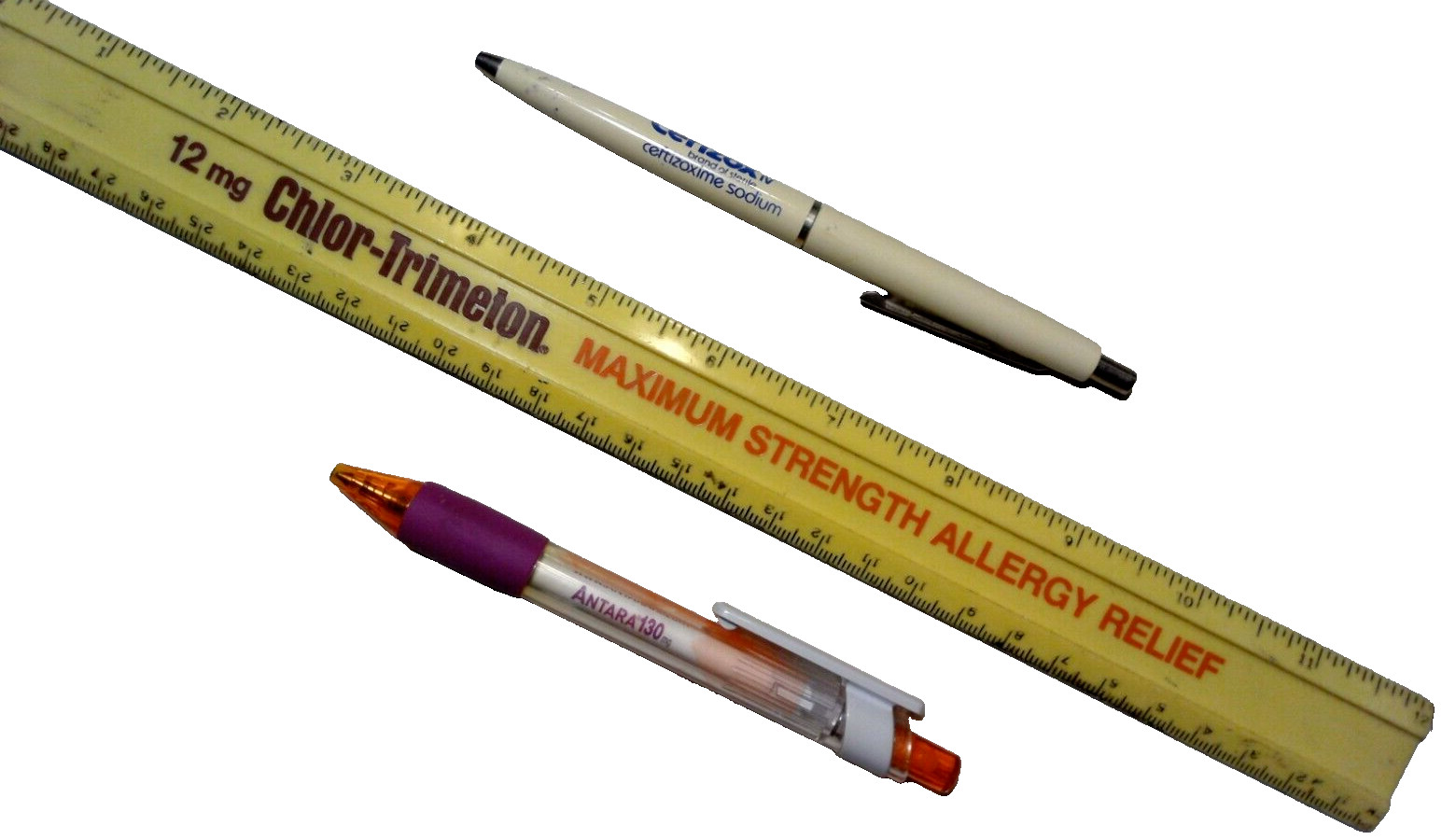 Lot of 3 – Vintage Drug Rep Promotional Ink Pens & CHLOR-TRIMETON Ruler