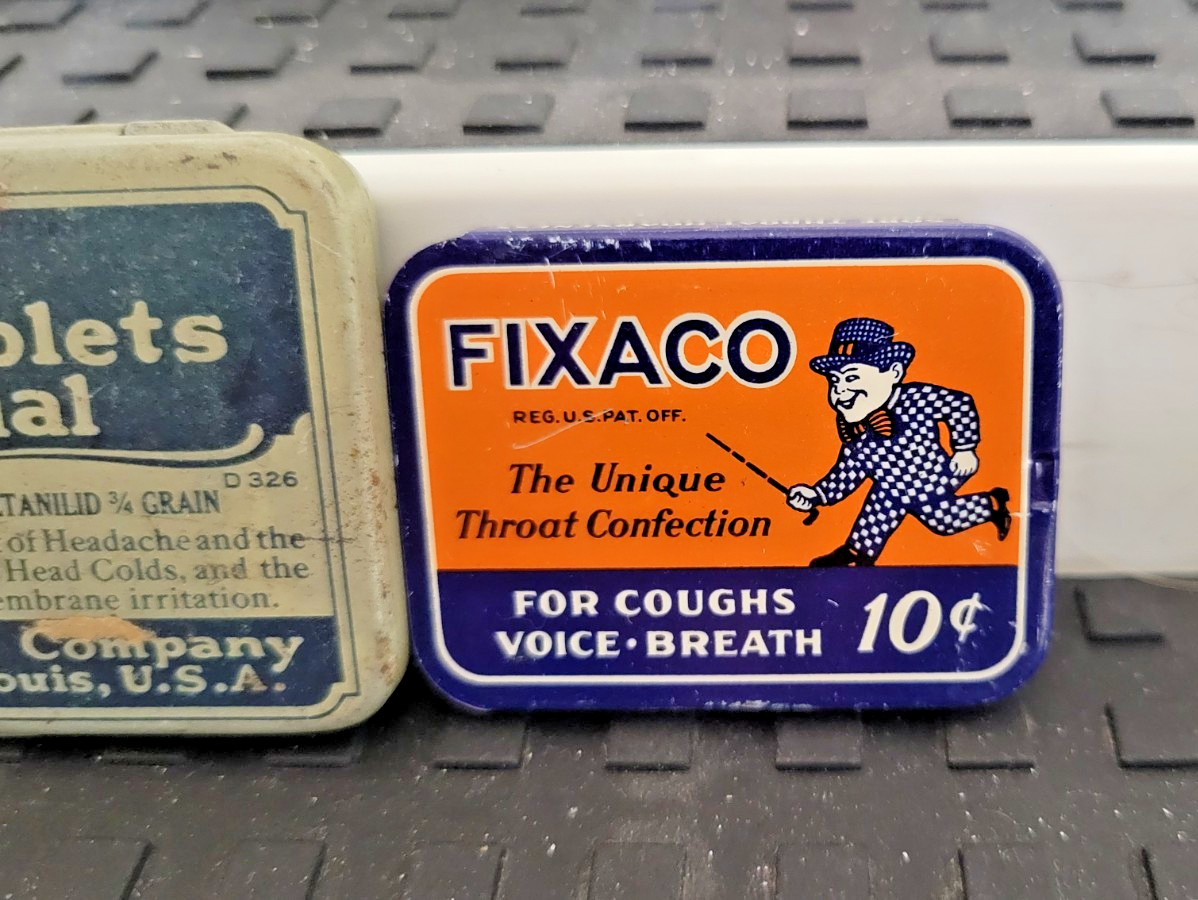 Vintage -Unique- 9 medicine advertising tins Rexall, Fixaco, Laymon’s +6