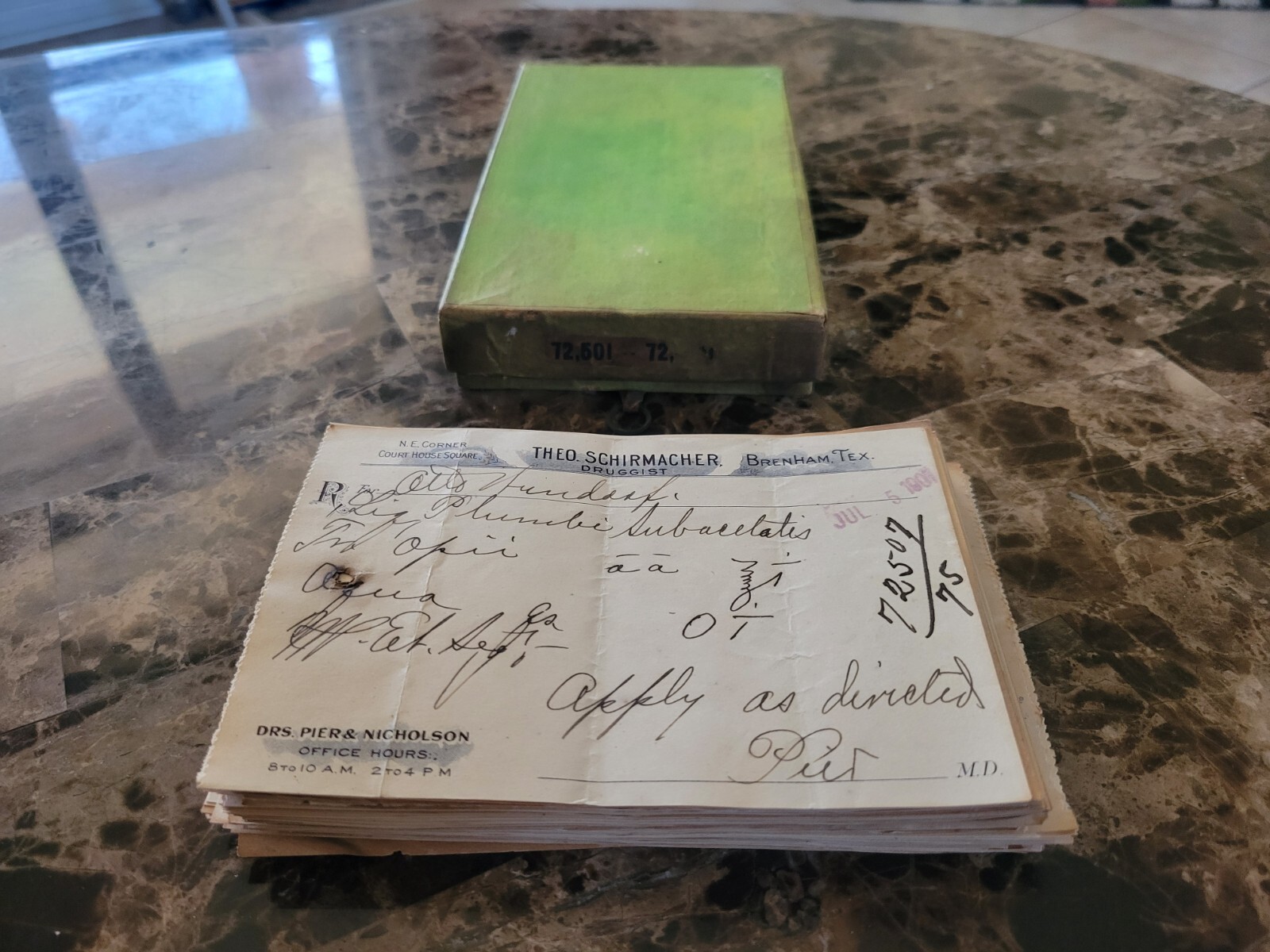 File box & 98 antique prescriptions (1907) – Opium, Ergot, Codeine & Anodyne
