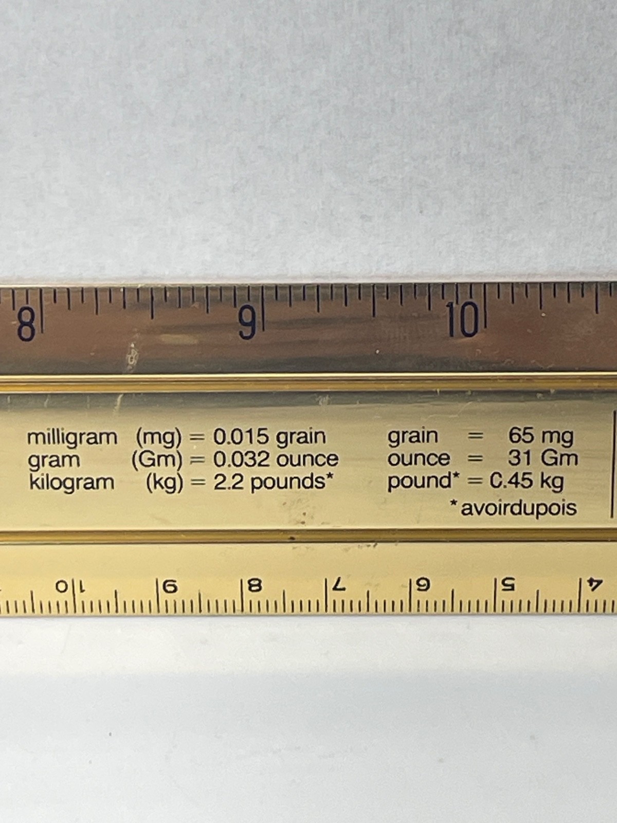 VINTAGE RITALIN CIBA 12″ METAL RULER! mm/METRIC CONVERSIONS! GOLD COLOR METAL!