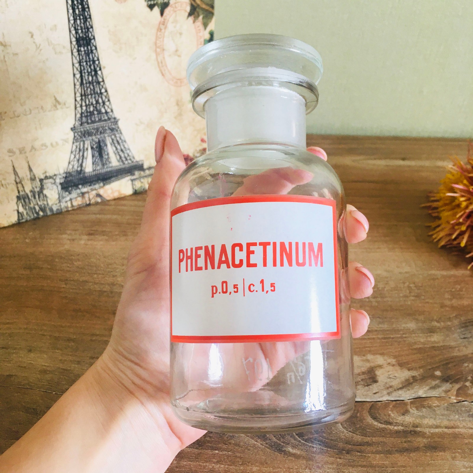 Vintage Apothecary Glass Jar Bottle with lid, Pharmacy Medical Decor, Medicine