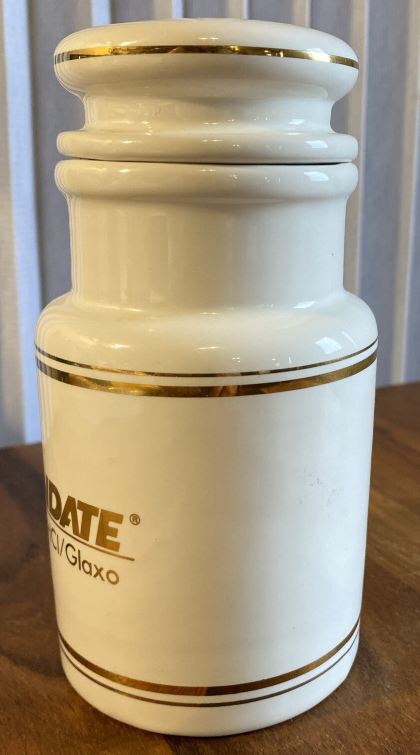 VTG Trandate Labetalol HCI Glaxo Apothecary Medicine Jar Lid Pharma Advertising