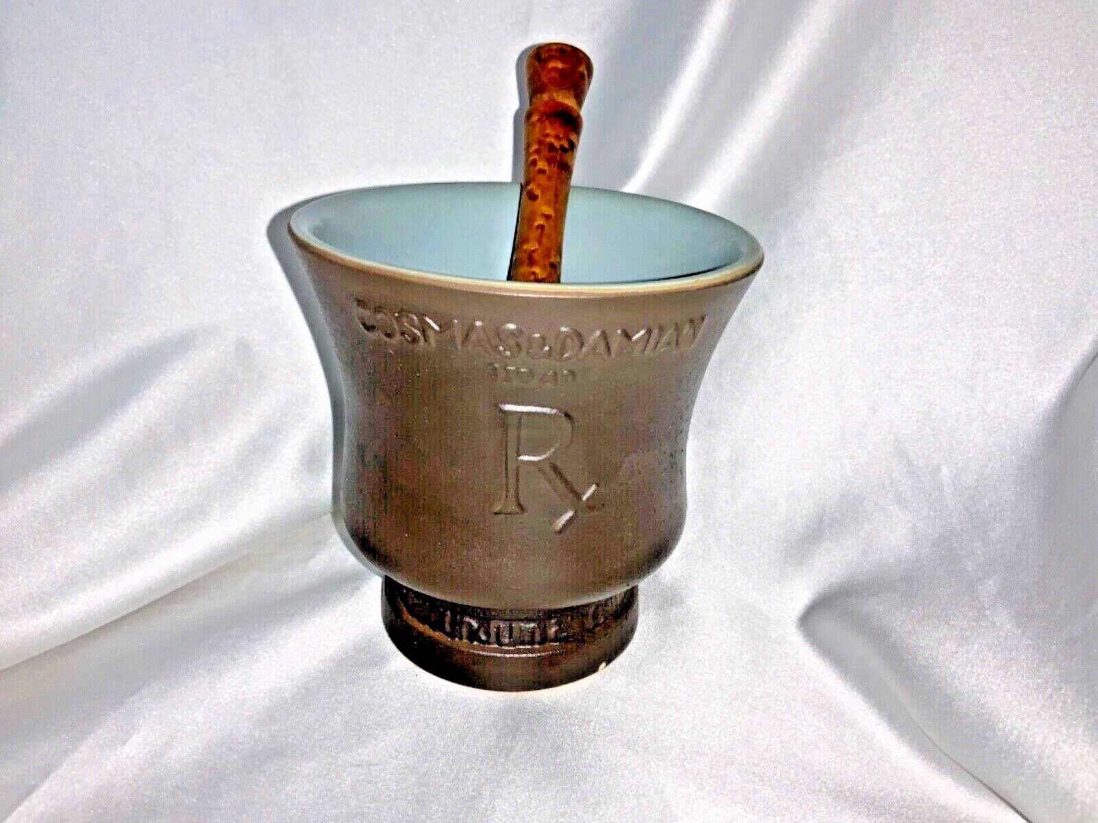 COSMAS & DAMIAN Pharmacy Motar & Pestle Porcelain RX wood Pestle CORICIDIN