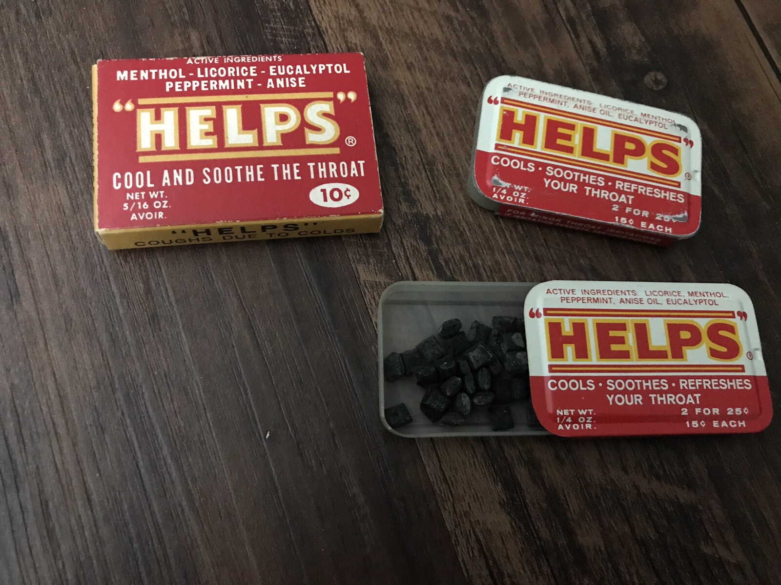 Vintage Helps 2 Metal Tins & Cardboard Box Cool And Soothe Throat
