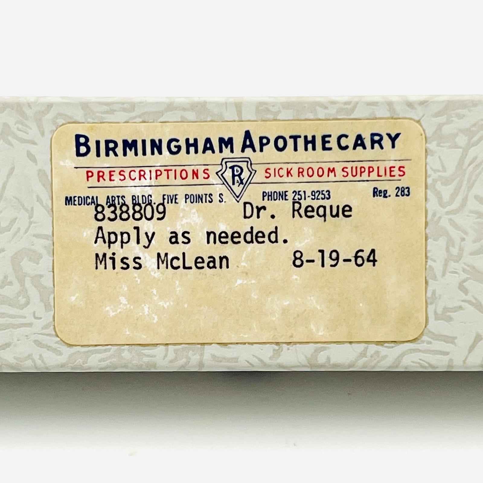Vintage 1964 Birmingham Apothecary Empty Prescription Box – Birmingham, Alabama