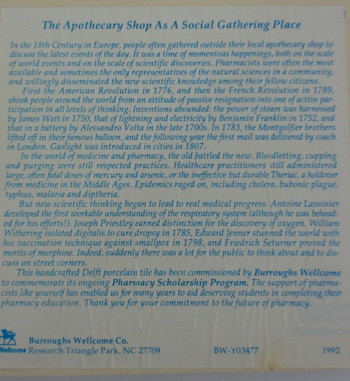 Burroughs Wellcome Blue & White Ceramic Pharmacy Pill Tile Social Place 1992 #23