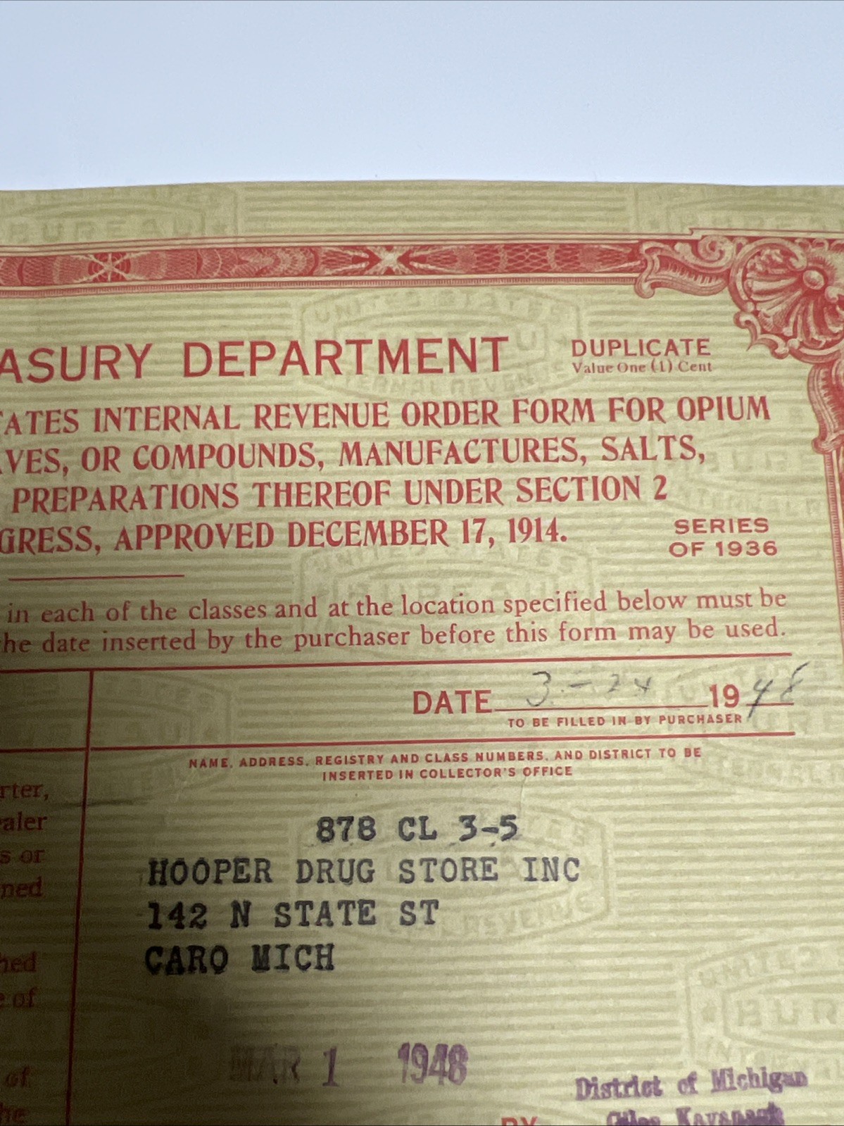1930s-40s IRS Order Form For Opium/Coca Leaves Book Michigan Oddity