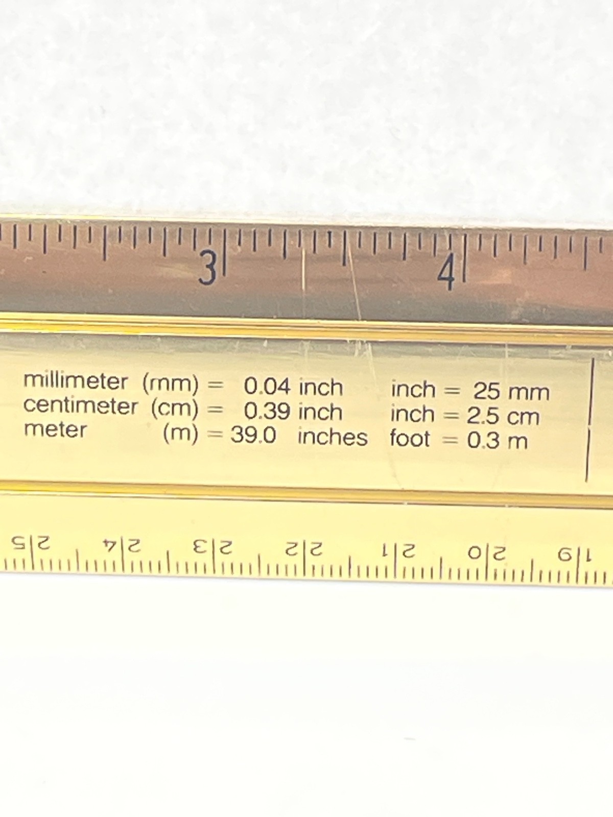 VINTAGE RITALIN CIBA 12″ METAL RULER! mm/METRIC CONVERSIONS! GOLD COLOR METAL!