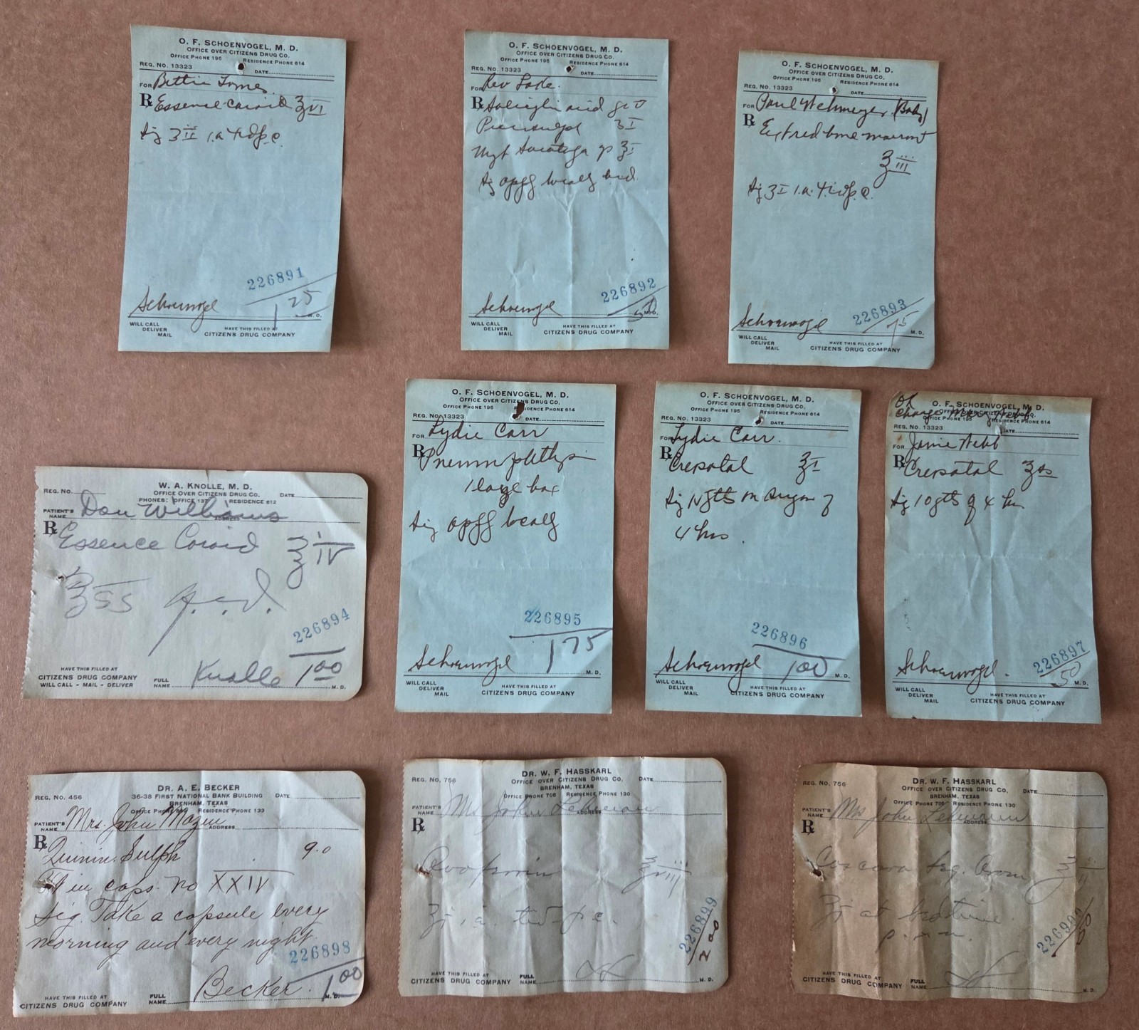 File box & 100 antique prescriptions (1926) – HEROIN, PAREGORIC, BROMIDE