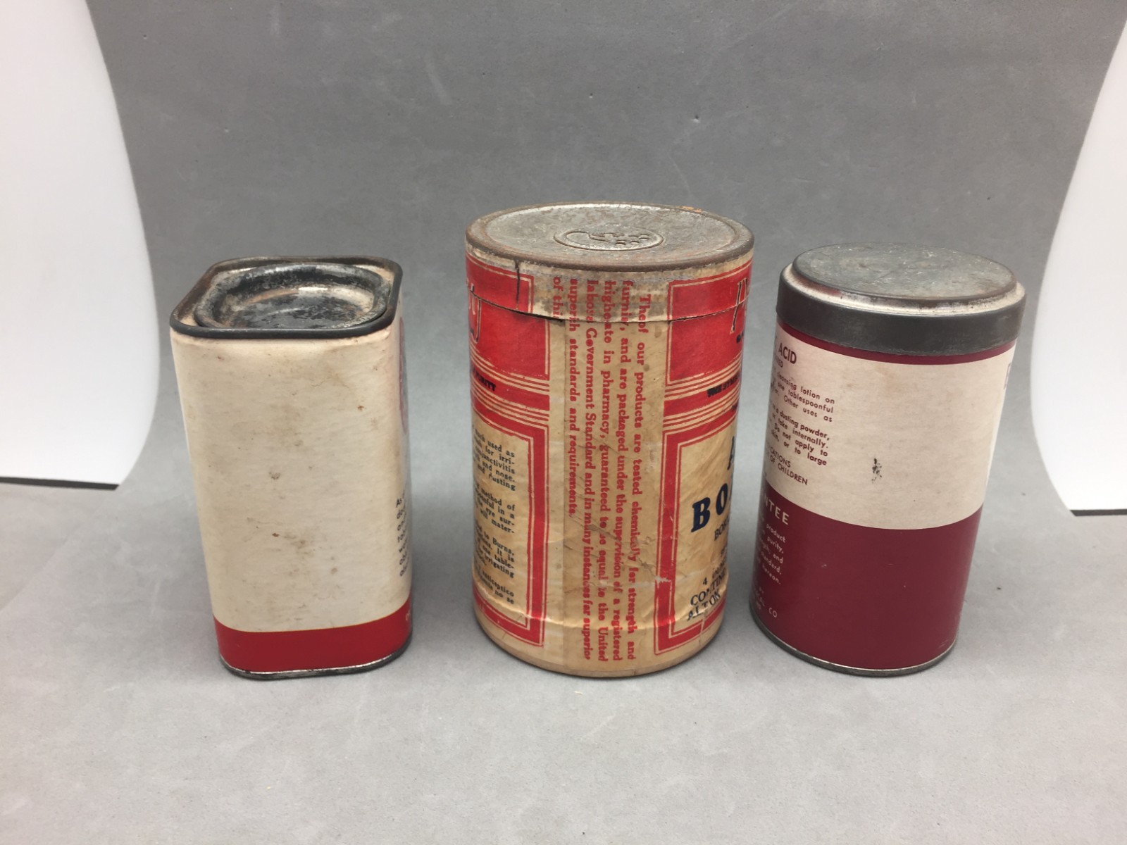 Vintage Boric Acid Box Can Lot 3 EMPTY Sachs, York, Continental Drug Alton IL