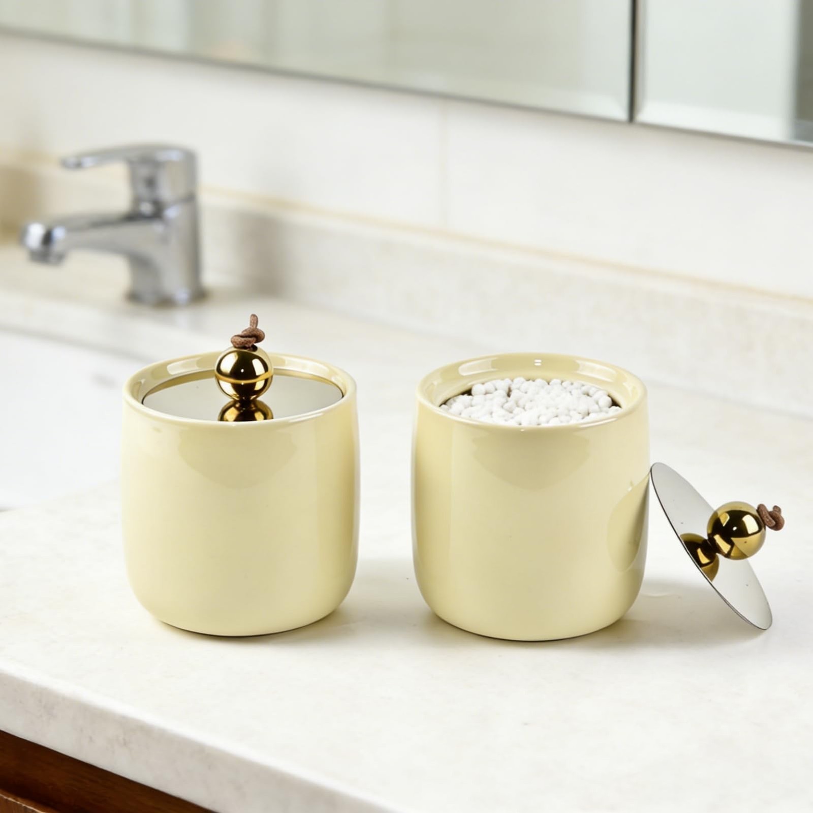 Ceramic Qtip Holder Dispenser with Gold Lids 2 Pack, Yellow Apothecary Jars B…