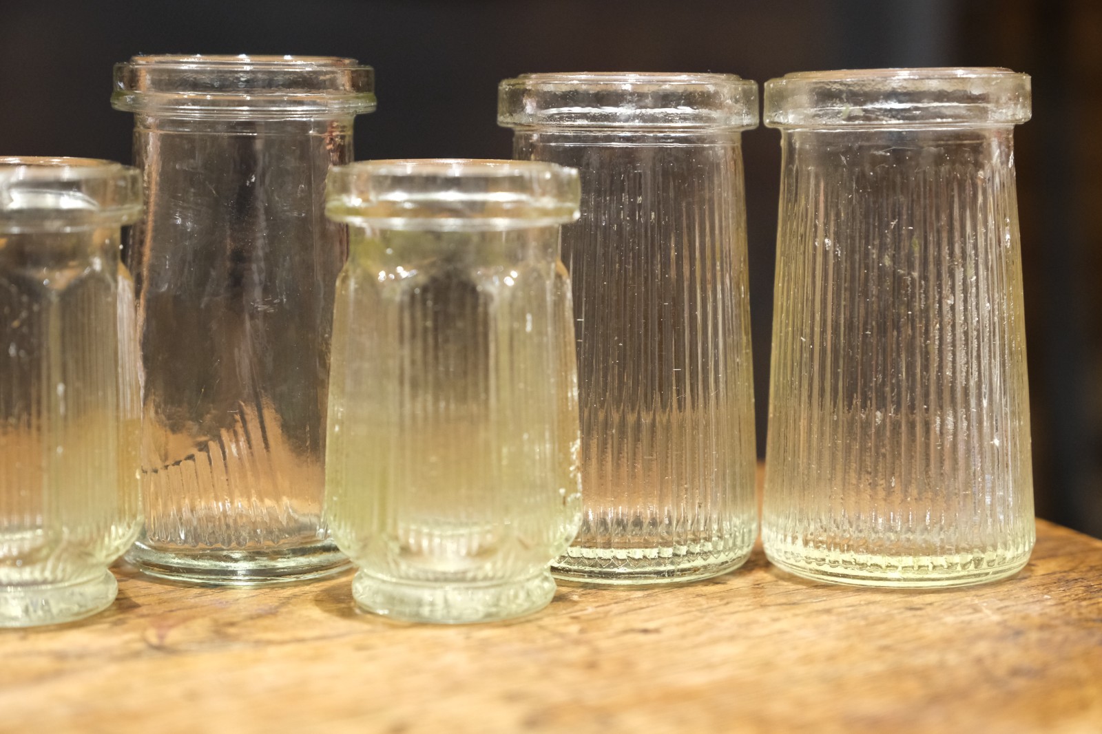 Vintage Ribbed Glass Apothecary / Cosmetic Jars Set of 7 c1930–1950