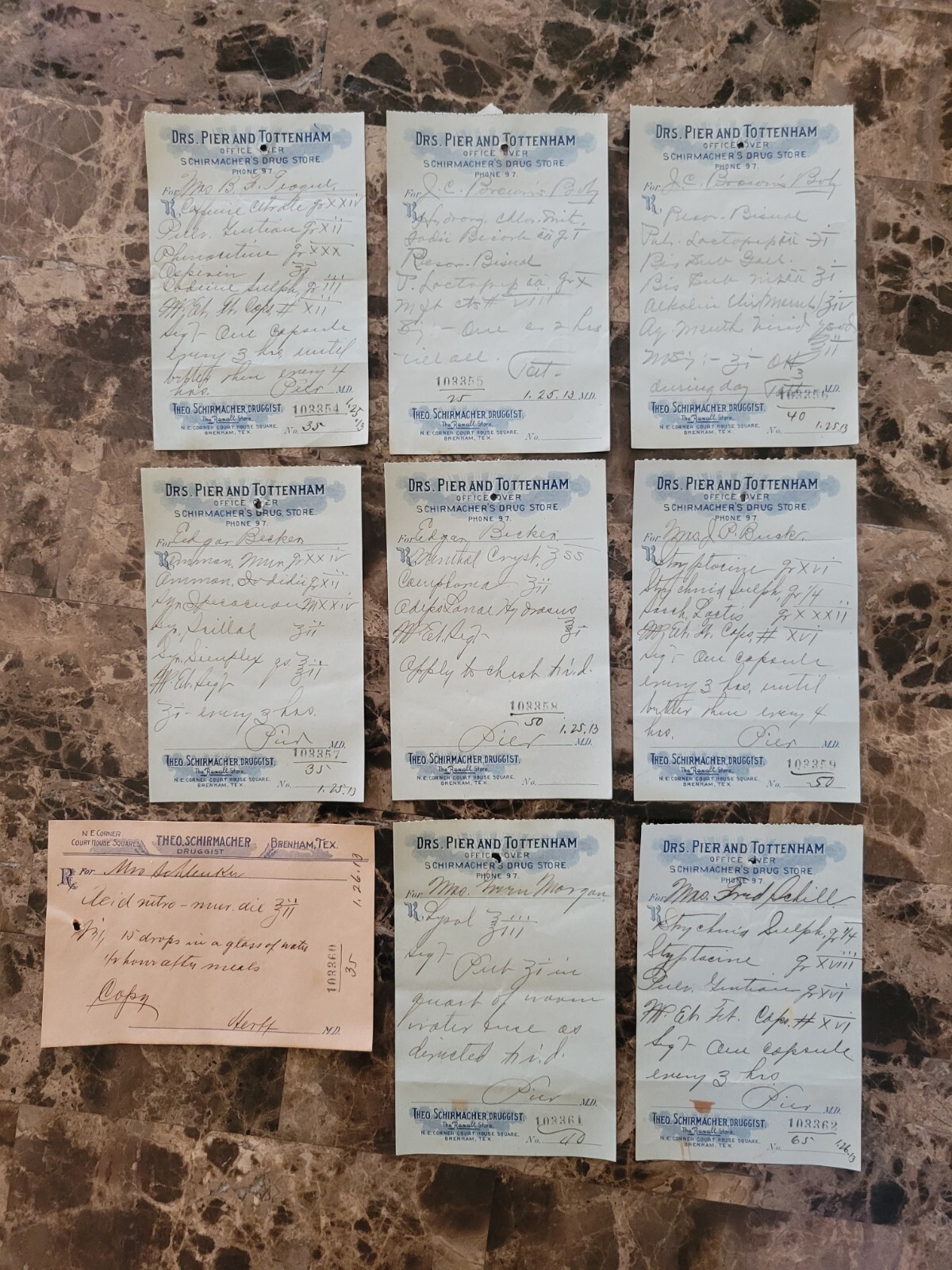 File box & 101 antique prescriptions (1913) – Codeine, Anodyne, Poisons