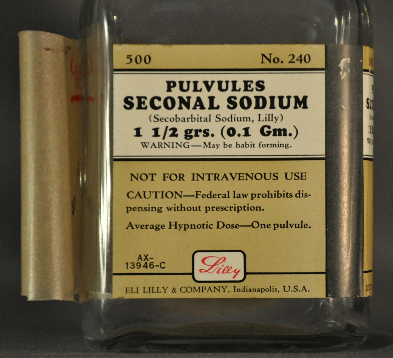 Empty Vtg Lilly Seconal Barbital Pharmacist dispensing Clear Bottle x500 w/ Lid